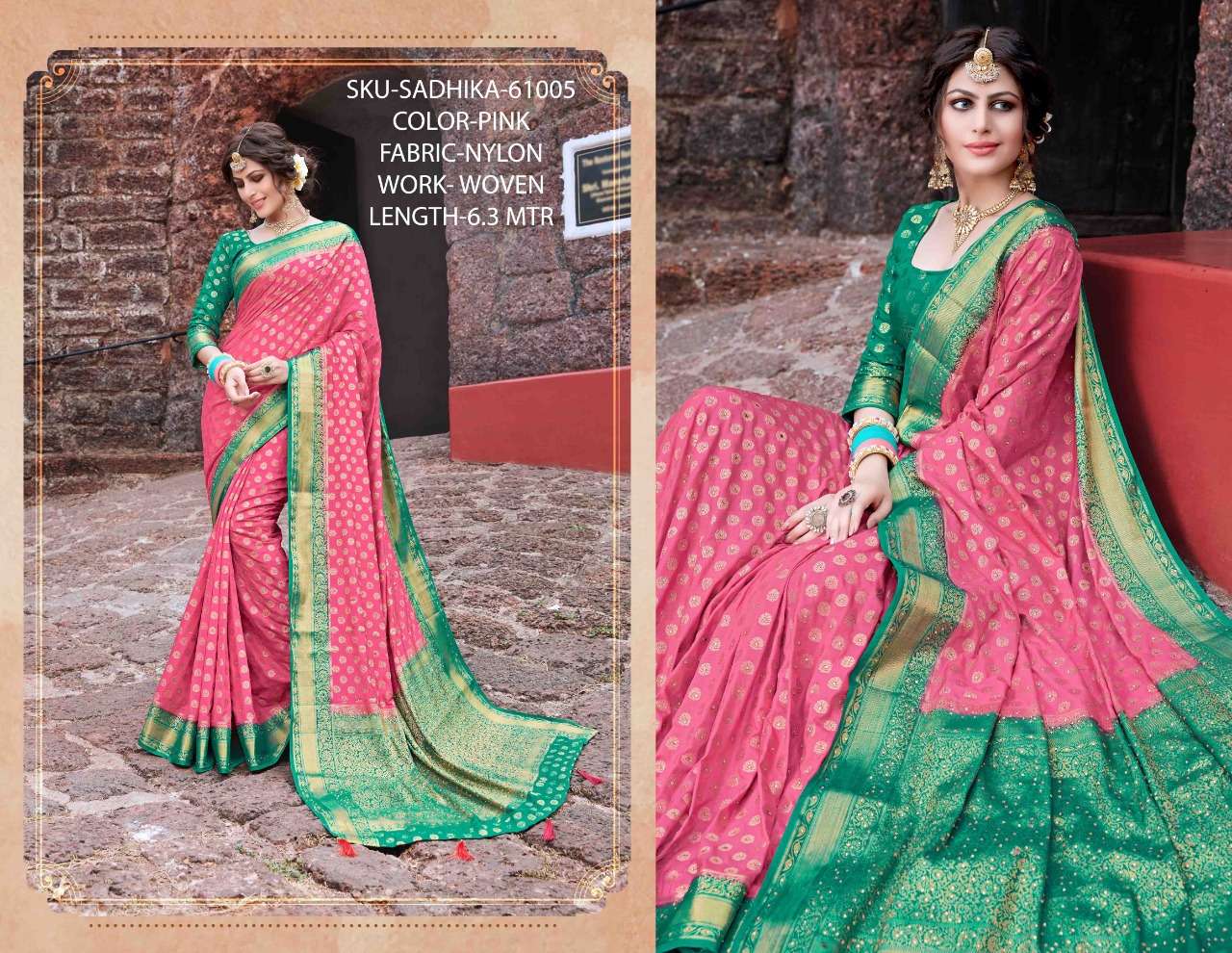 SADHIKA BY RACHANA 61001 TO 61008 SERIES INDIAN TRADITIONAL WEAR COLLECTION BEAUTIFUL STYLISH FANCY COLORFUL PARTY WEAR & OCCASIONAL WEAR NYLON WOVEN SAREES AT WHOLESALE PRICE