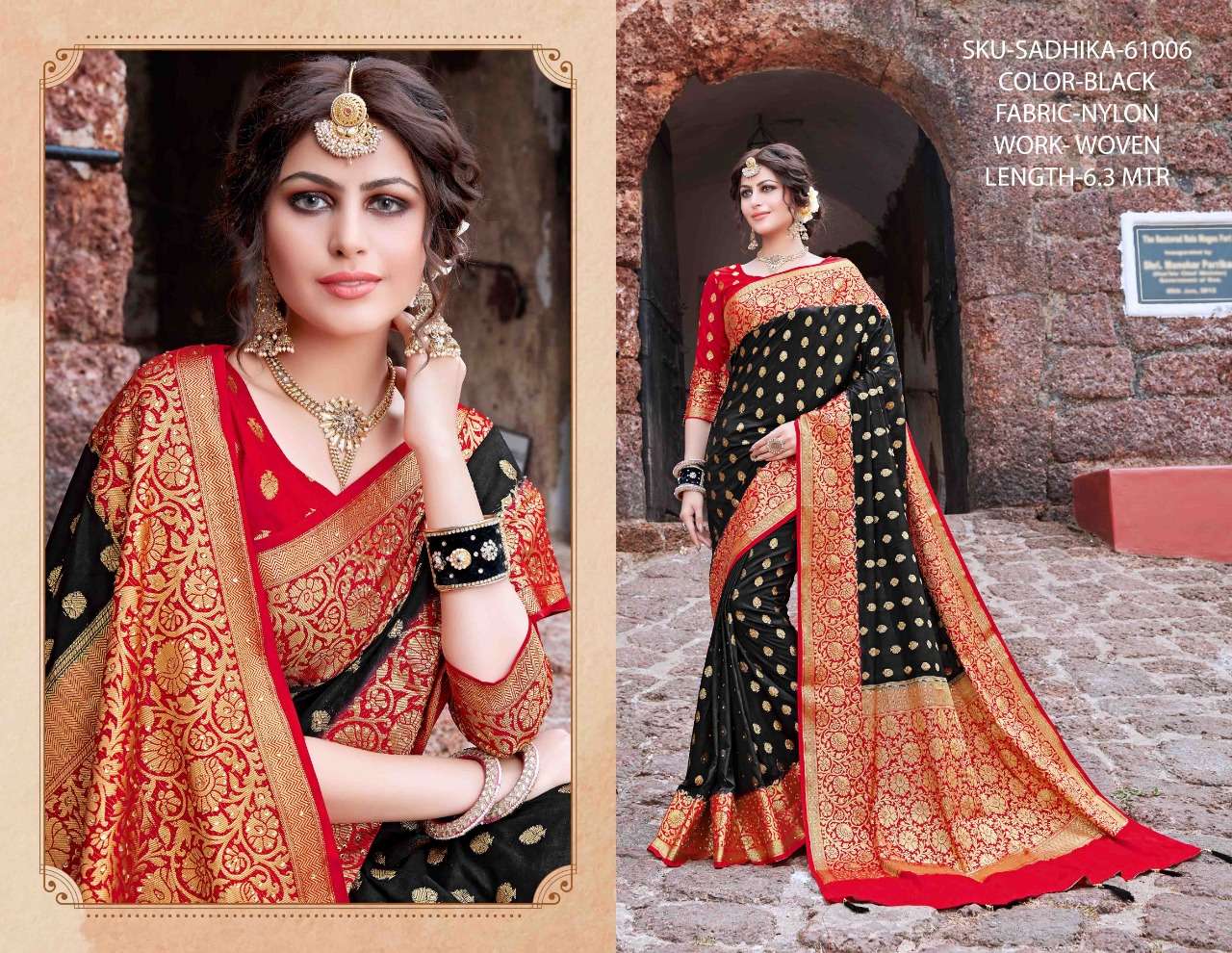 SADHIKA BY RACHANA 61001 TO 61008 SERIES INDIAN TRADITIONAL WEAR COLLECTION BEAUTIFUL STYLISH FANCY COLORFUL PARTY WEAR & OCCASIONAL WEAR NYLON WOVEN SAREES AT WHOLESALE PRICE
