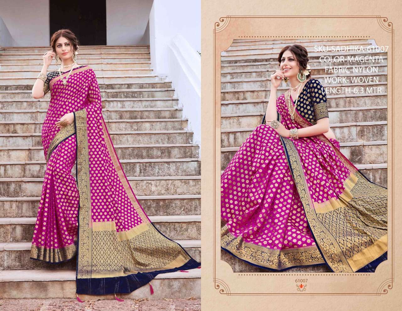 SADHIKA BY RACHANA 61001 TO 61008 SERIES INDIAN TRADITIONAL WEAR COLLECTION BEAUTIFUL STYLISH FANCY COLORFUL PARTY WEAR & OCCASIONAL WEAR NYLON WOVEN SAREES AT WHOLESALE PRICE