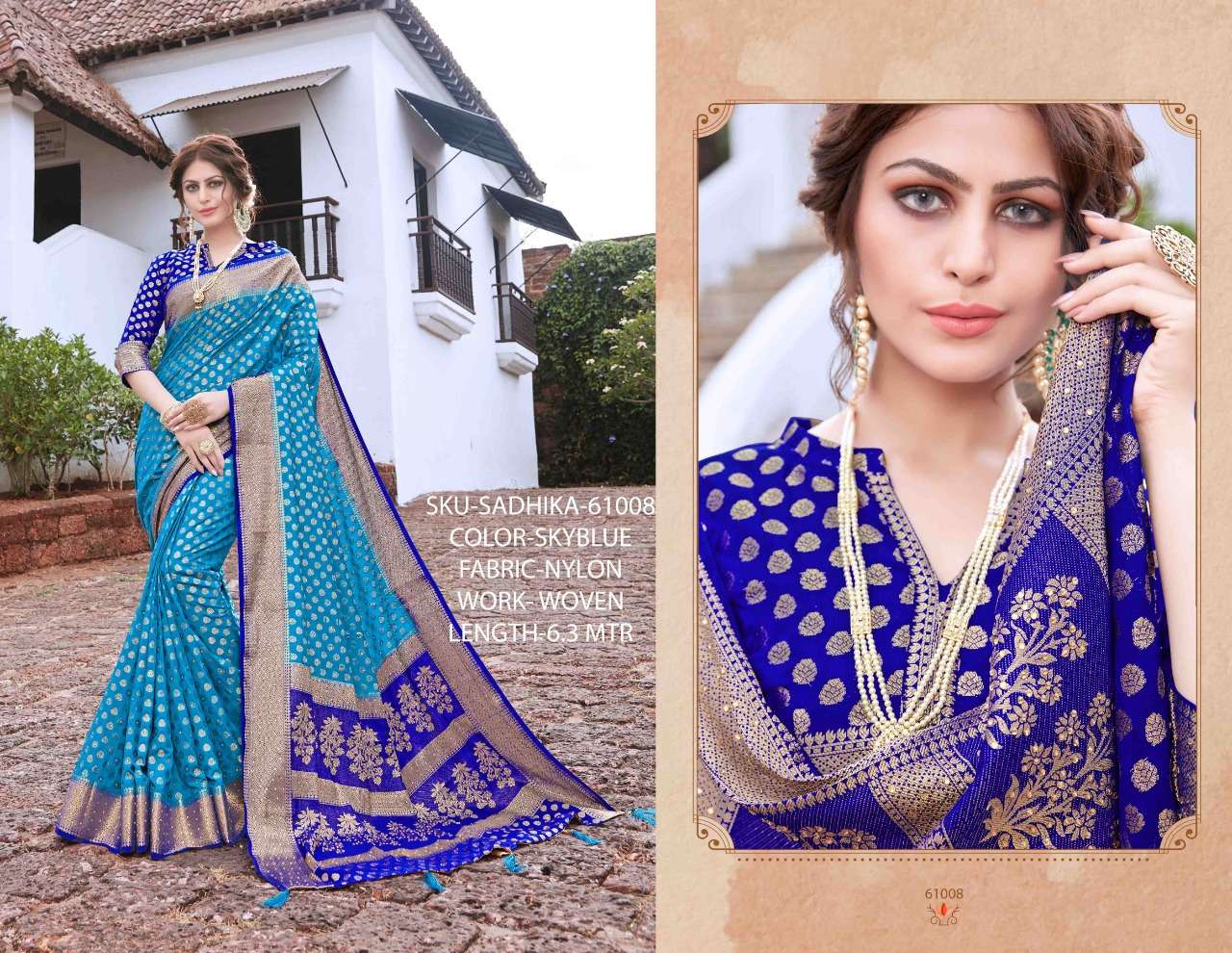 SADHIKA BY RACHANA 61001 TO 61008 SERIES INDIAN TRADITIONAL WEAR COLLECTION BEAUTIFUL STYLISH FANCY COLORFUL PARTY WEAR & OCCASIONAL WEAR NYLON WOVEN SAREES AT WHOLESALE PRICE