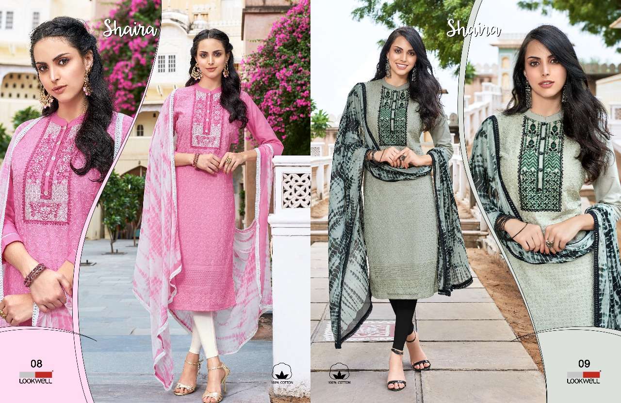 SHAIRA VOL-2 BY LOOKWELL 07 TO 12 SERIES BEAUTIFUL COLLECTION SUITS STYLISH FANCY COLORFUL CASUAL WEAR & ETHNIC WEAR PURE COTTON EMBROIDERED DRESSES AT WHOLESALE PRICE