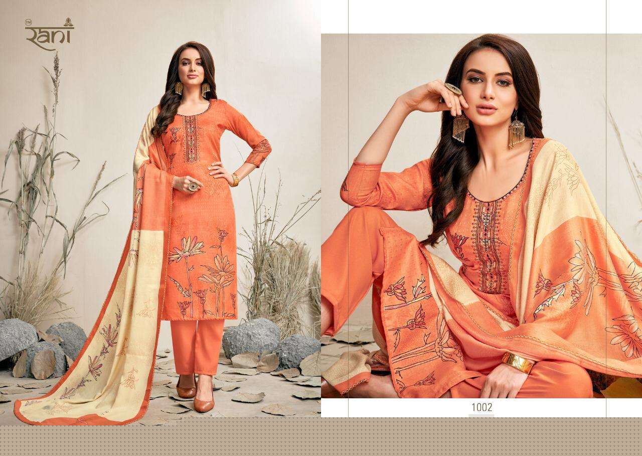 SPRING BY RANI FASHION 1001 TO 1008 SERIES BEAUTIFUL SUITS STYLISH FANCY COLORFUL PARTY WEAR & OCCASIONAL WEAR PASHMINA PRINTED WITH EMBROIDERY DRESSES AT WHOLESALE PRICE