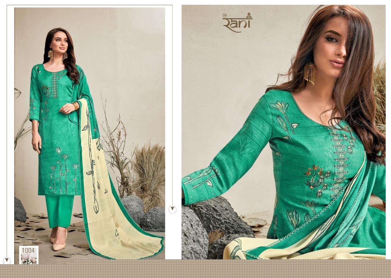 SPRING BY RANI FASHION 1001 TO 1008 SERIES BEAUTIFUL SUITS STYLISH FANCY COLORFUL PARTY WEAR & OCCASIONAL WEAR PASHMINA PRINTED WITH EMBROIDERY DRESSES AT WHOLESALE PRICE