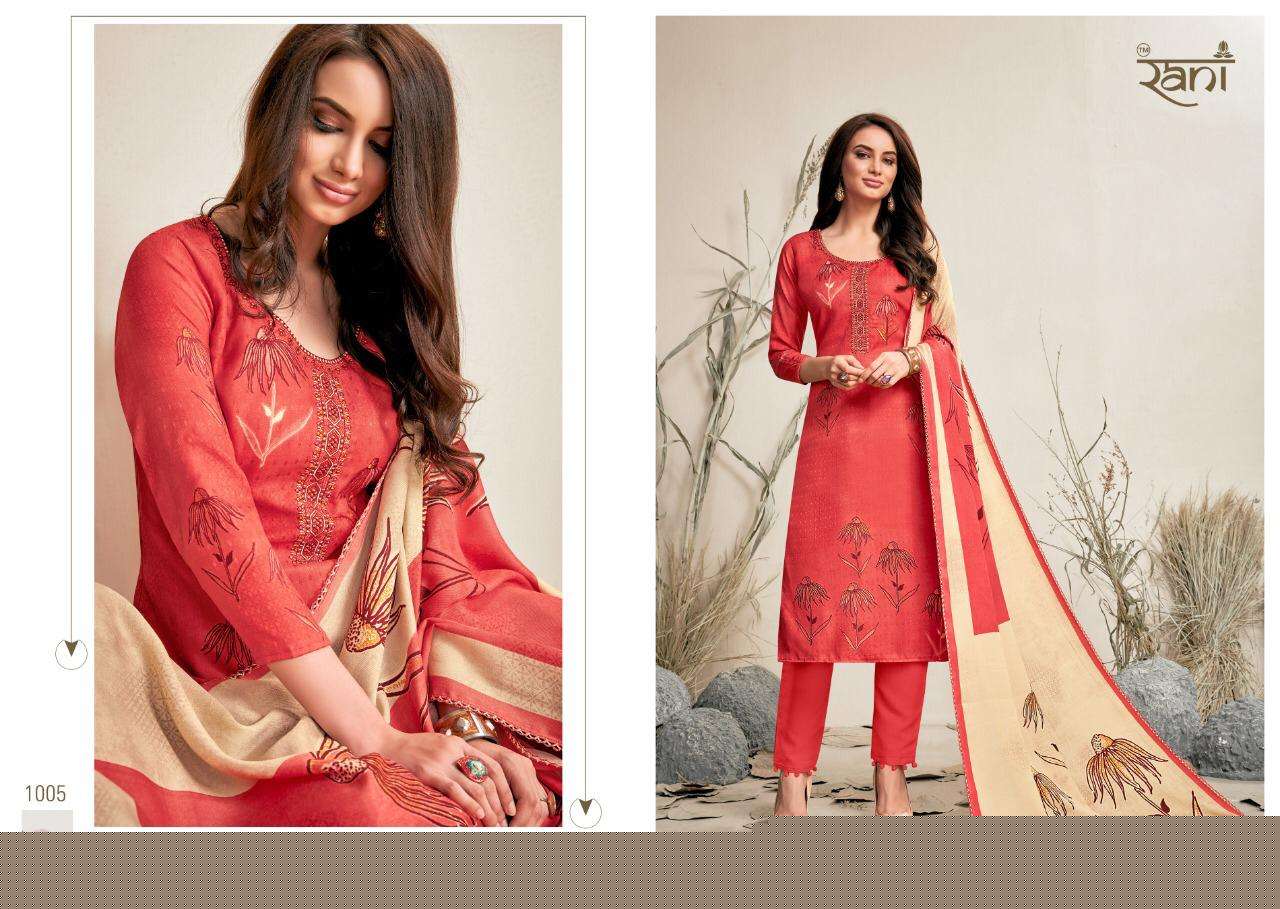 SPRING BY RANI FASHION 1001 TO 1008 SERIES BEAUTIFUL SUITS STYLISH FANCY COLORFUL PARTY WEAR & OCCASIONAL WEAR PASHMINA PRINTED WITH EMBROIDERY DRESSES AT WHOLESALE PRICE