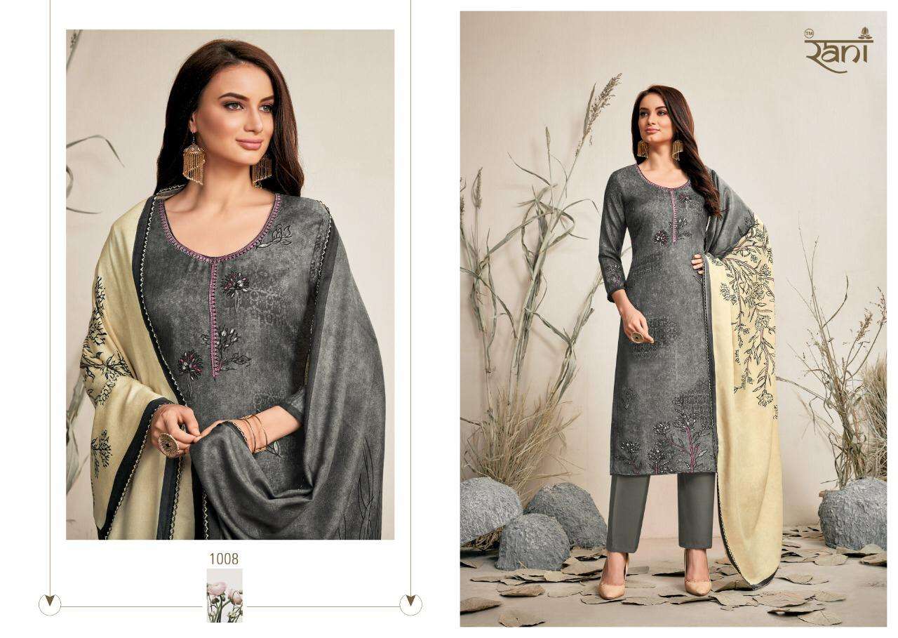 SPRING BY RANI FASHION 1001 TO 1008 SERIES BEAUTIFUL SUITS STYLISH FANCY COLORFUL PARTY WEAR & OCCASIONAL WEAR PASHMINA PRINTED WITH EMBROIDERY DRESSES AT WHOLESALE PRICE