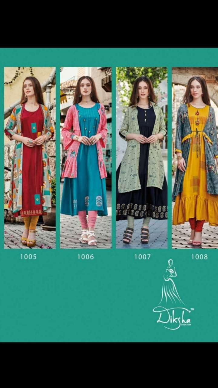 FEBRICA VOL-1 BY DIKSHA FASHION 1001 TO 1008 SERIES DESIGNER BEAUTIFUL STYLISH FANCY COLORFUL CASUAL WEAR & ETHNIC WEAR 14 KLG RAYON PRINTED KURTIS AT WHOLESALE PRICE
