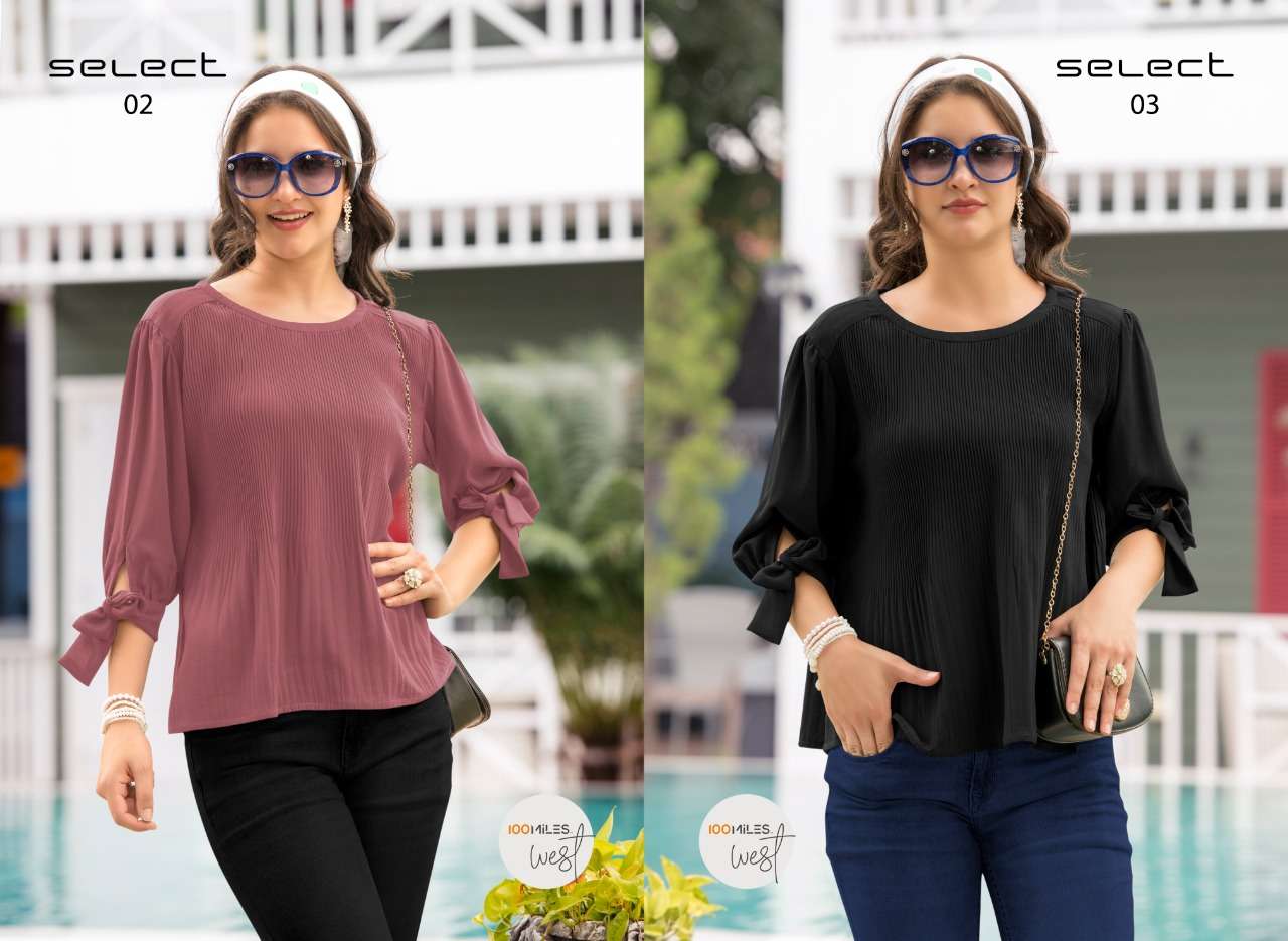 SELECT BY 100 MILES 01 TO 04 SERIES DESIGNER BEAUTIFUL STYLISH COLORFUL FANCY READY TO WEAR & CASUAL WEAR & ETHNIC WEAR BLENDED FABRIC WESTERN TOPS AT WHOLESALE PRICE