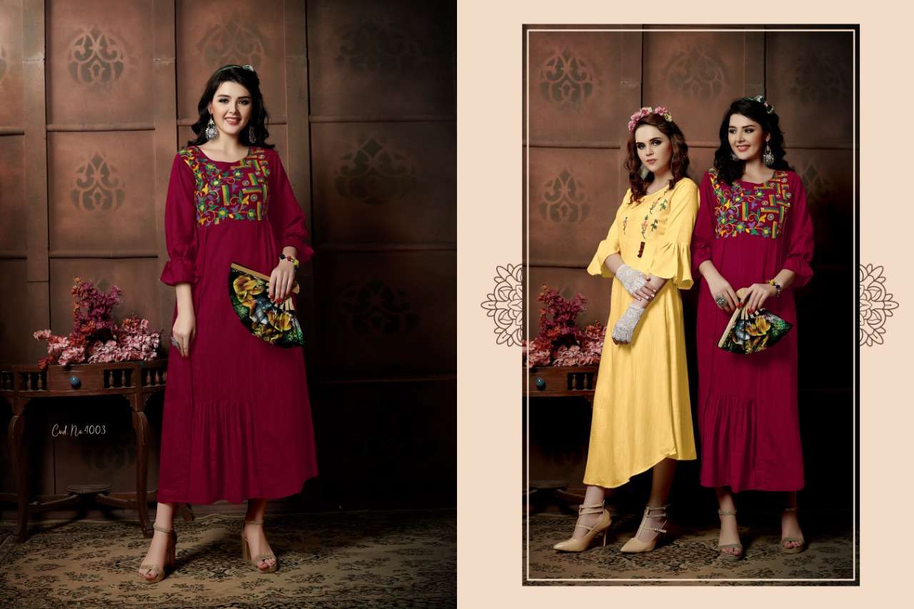 SUI DHAAGA VOL-4 BY SHIVASUKI 4001 TO 4005 SERIES DESIGNER GOWN COLLECTION BEAUTIFUL STYLISH FANCY COLORFUL PARTY WEAR & OCCASIONAL WEAR HEAVY RAYON SLUB EMBROIDERED GOWNS AT WHOLESALE PRICE