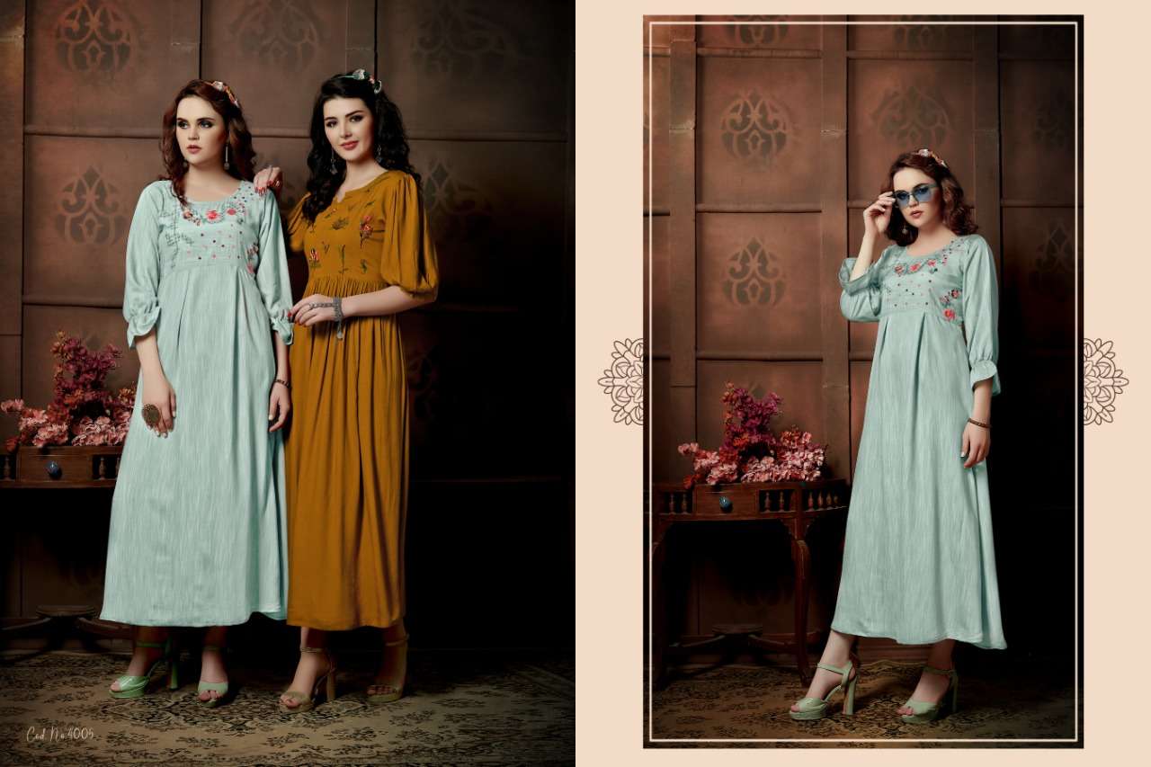 SUI DHAAGA VOL-4 BY SHIVASUKI 4001 TO 4005 SERIES DESIGNER GOWN COLLECTION BEAUTIFUL STYLISH FANCY COLORFUL PARTY WEAR & OCCASIONAL WEAR HEAVY RAYON SLUB EMBROIDERED GOWNS AT WHOLESALE PRICE