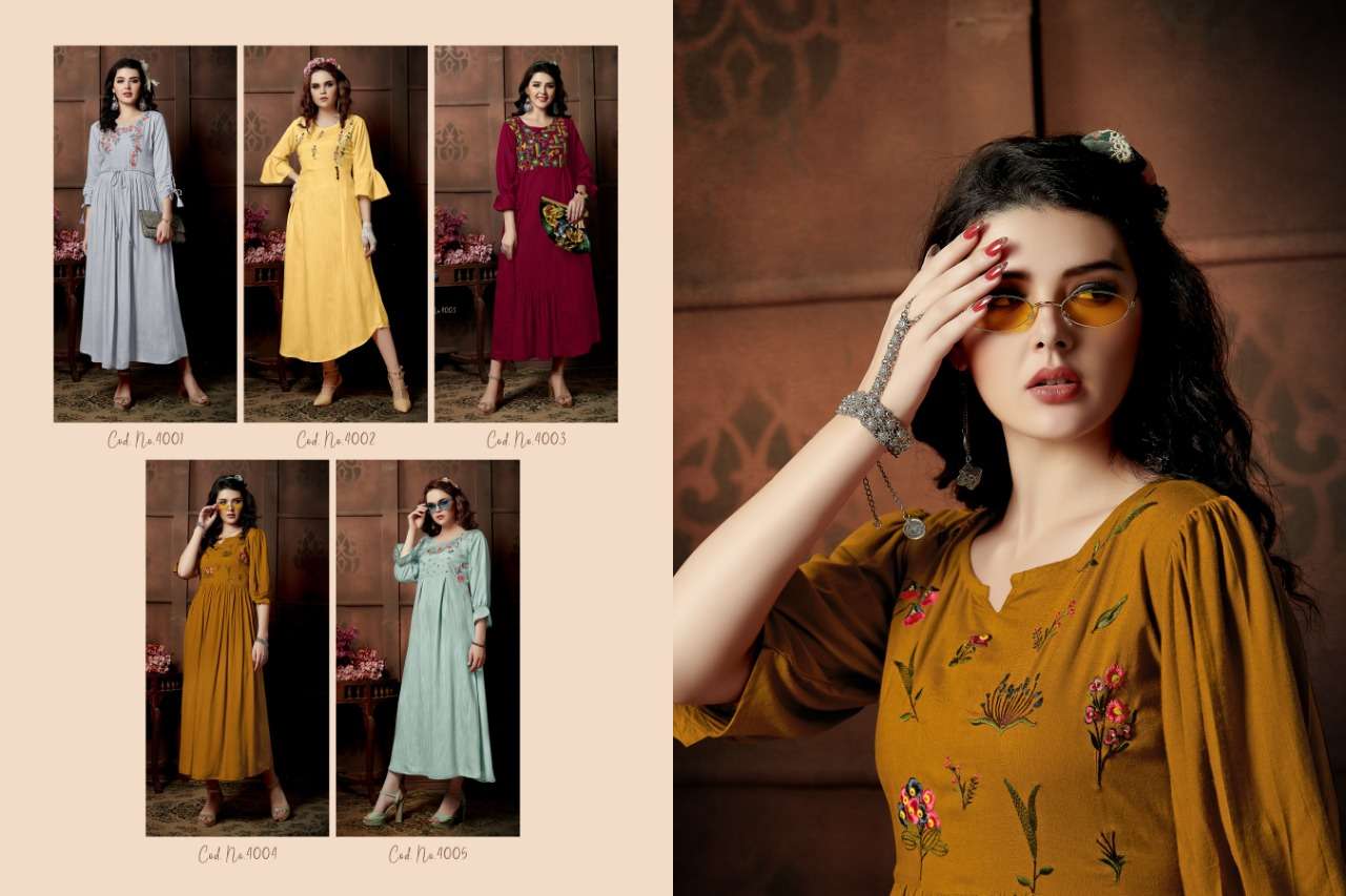 SUI DHAAGA VOL-4 BY SHIVASUKI 4001 TO 4005 SERIES DESIGNER GOWN COLLECTION BEAUTIFUL STYLISH FANCY COLORFUL PARTY WEAR & OCCASIONAL WEAR HEAVY RAYON SLUB EMBROIDERED GOWNS AT WHOLESALE PRICE