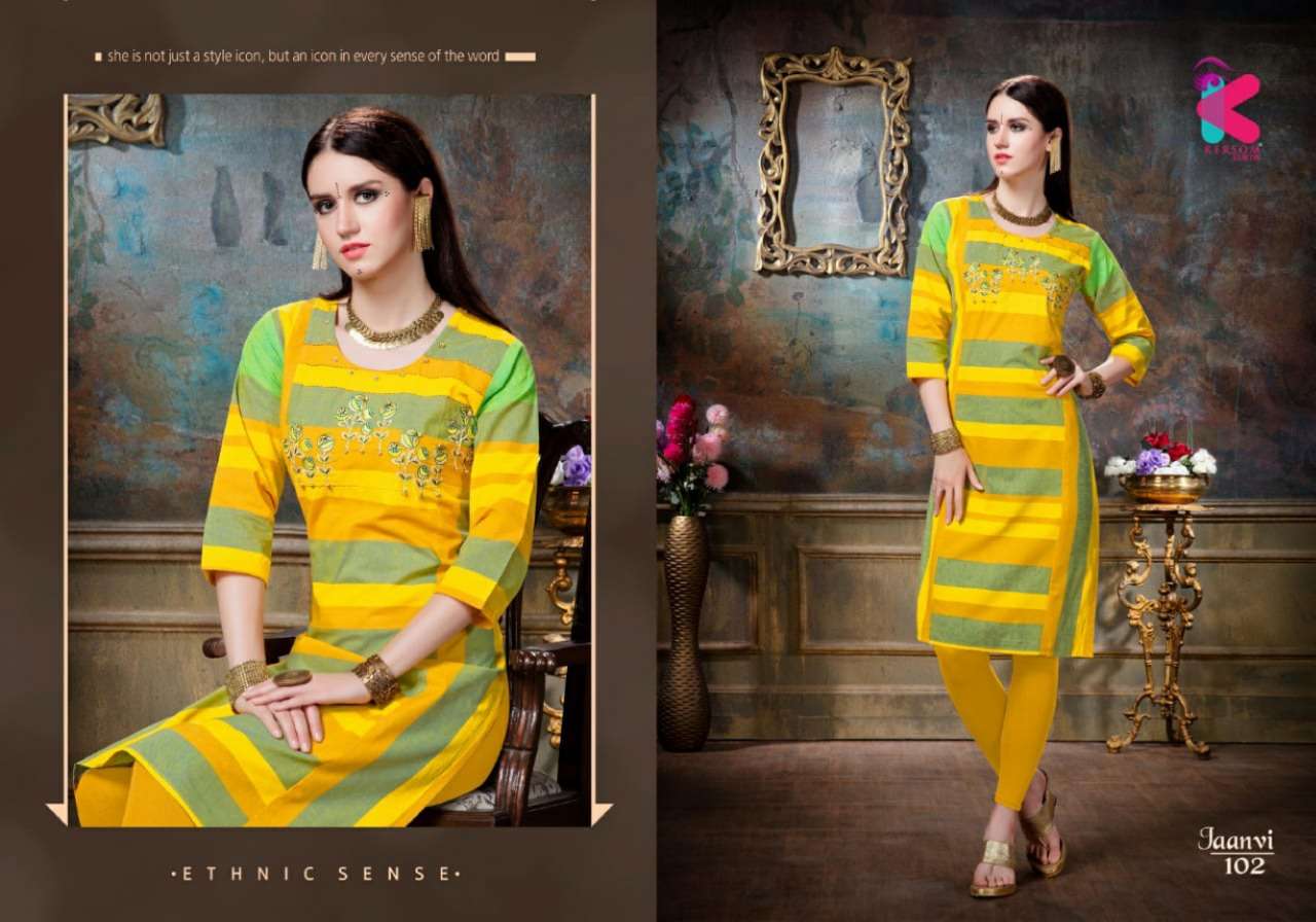 JAANVI BY KERSOM 101 TO 105 SERIES DESIGNER BEAUTIFUL STYLISH FANCY COLORFUL CASUAL WEAR & ETHNIC WEAR HEAVY COTTON EMBROIDERED KURTIS AT WHOLESALE PRICE