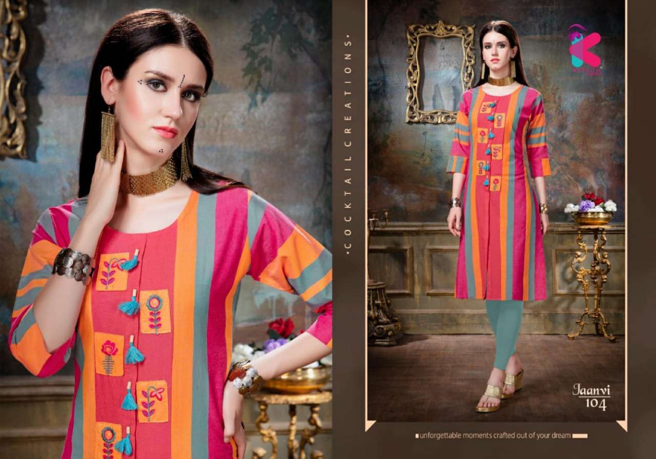 JAANVI BY KERSOM 101 TO 105 SERIES DESIGNER BEAUTIFUL STYLISH FANCY COLORFUL CASUAL WEAR & ETHNIC WEAR HEAVY COTTON EMBROIDERED KURTIS AT WHOLESALE PRICE