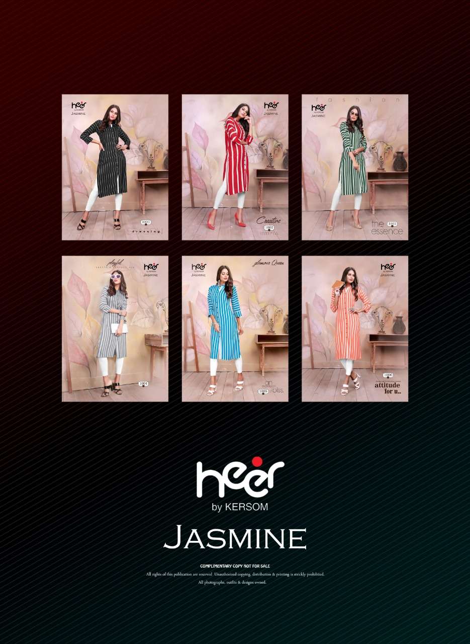 JASMINE BY HEER 1001 TO 1006 SERIES DESIGNER BEAUTIFUL STYLISH FANCY COLORFUL CASUAL WEAR & ETHNIC WEAR HEAVY RAYON LINING KURTIS AT WHOLESALE PRICE