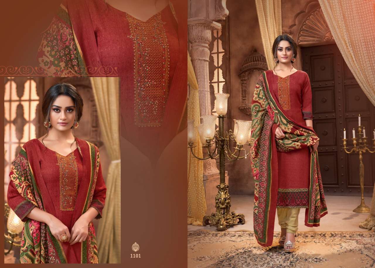 PASHMINA COLLECTION BY MRIGNI 1101 TO 1108 SERIES BEAUTIFUL STYLISH FANCY COLORFUL CASUAL & PARTY WEAR & ETHNIC WEAR PURE PASHMINA DOBBY PRINTED KASHMIRI EMBROIDERI DRESSES AT WHOLESALE PRICE
