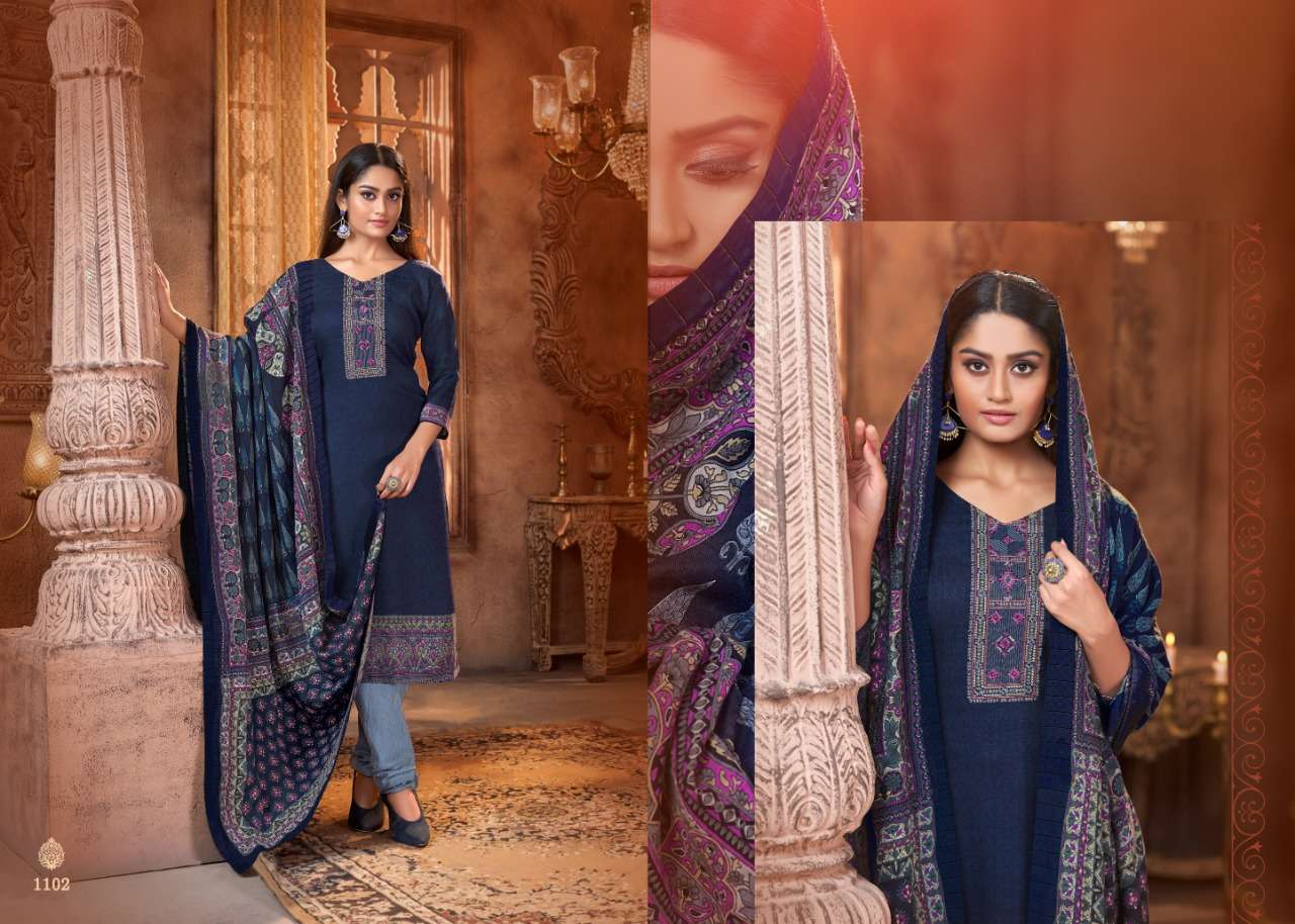 PASHMINA COLLECTION BY MRIGNI 1101 TO 1108 SERIES BEAUTIFUL STYLISH FANCY COLORFUL CASUAL & PARTY WEAR & ETHNIC WEAR PURE PASHMINA DOBBY PRINTED KASHMIRI EMBROIDERI DRESSES AT WHOLESALE PRICE