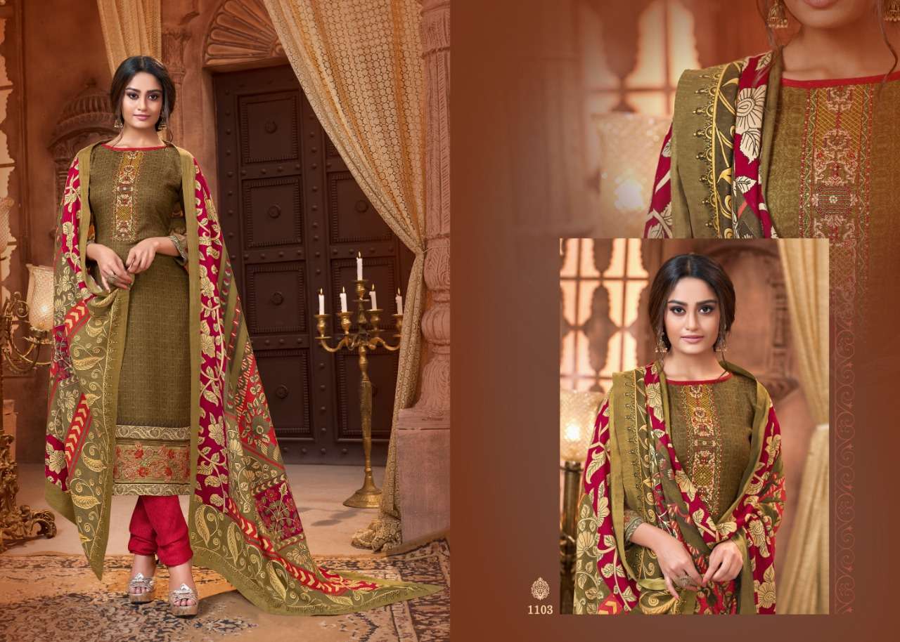 PASHMINA COLLECTION BY MRIGNI 1101 TO 1108 SERIES BEAUTIFUL STYLISH FANCY COLORFUL CASUAL & PARTY WEAR & ETHNIC WEAR PURE PASHMINA DOBBY PRINTED KASHMIRI EMBROIDERI DRESSES AT WHOLESALE PRICE