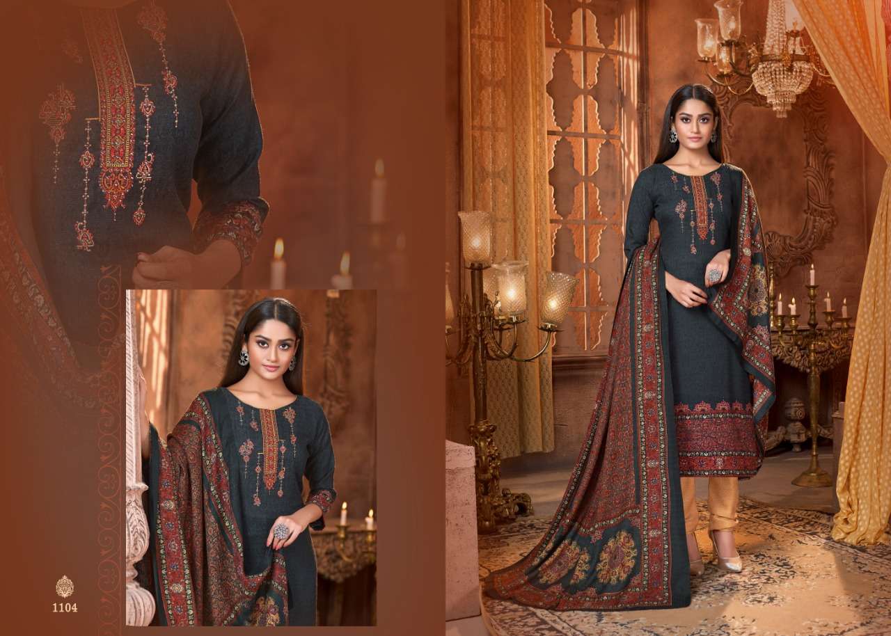 PASHMINA COLLECTION BY MRIGNI 1101 TO 1108 SERIES BEAUTIFUL STYLISH FANCY COLORFUL CASUAL & PARTY WEAR & ETHNIC WEAR PURE PASHMINA DOBBY PRINTED KASHMIRI EMBROIDERI DRESSES AT WHOLESALE PRICE