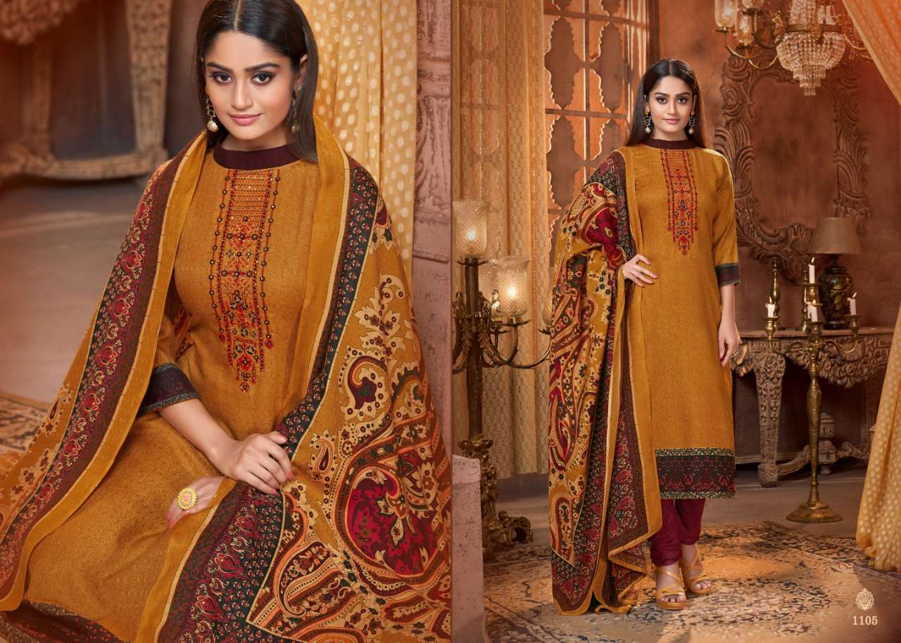 PASHMINA COLLECTION BY MRIGNI 1101 TO 1108 SERIES BEAUTIFUL STYLISH FANCY COLORFUL CASUAL & PARTY WEAR & ETHNIC WEAR PURE PASHMINA DOBBY PRINTED KASHMIRI EMBROIDERI DRESSES AT WHOLESALE PRICE
