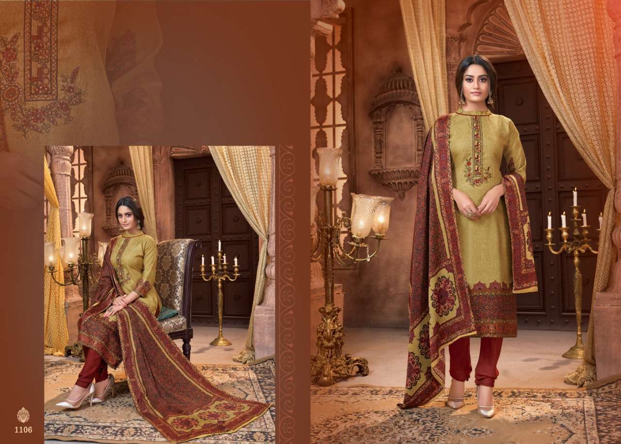 PASHMINA COLLECTION BY MRIGNI 1101 TO 1108 SERIES BEAUTIFUL STYLISH FANCY COLORFUL CASUAL & PARTY WEAR & ETHNIC WEAR PURE PASHMINA DOBBY PRINTED KASHMIRI EMBROIDERI DRESSES AT WHOLESALE PRICE