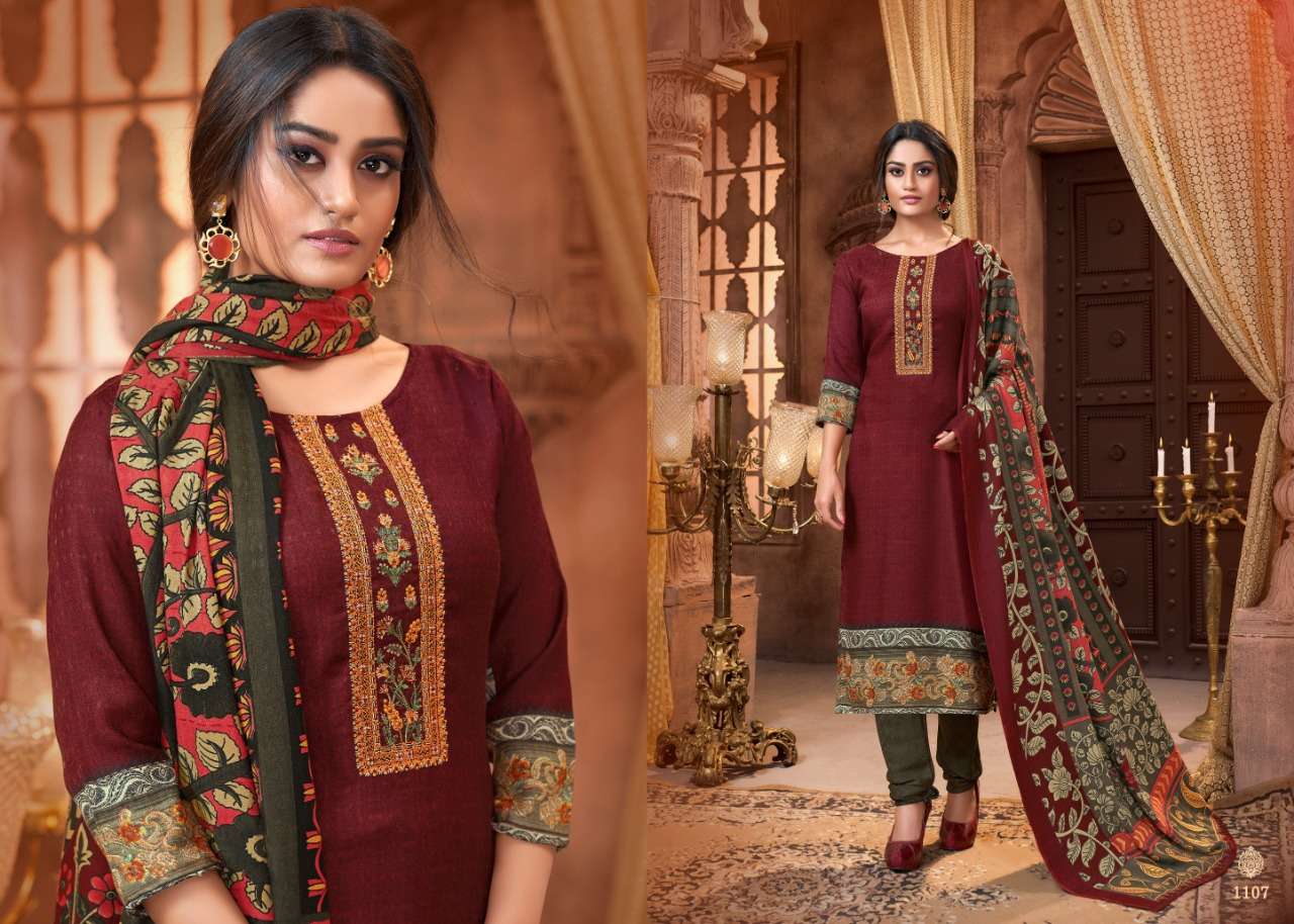PASHMINA COLLECTION BY MRIGNI 1101 TO 1108 SERIES BEAUTIFUL STYLISH FANCY COLORFUL CASUAL & PARTY WEAR & ETHNIC WEAR PURE PASHMINA DOBBY PRINTED KASHMIRI EMBROIDERI DRESSES AT WHOLESALE PRICE