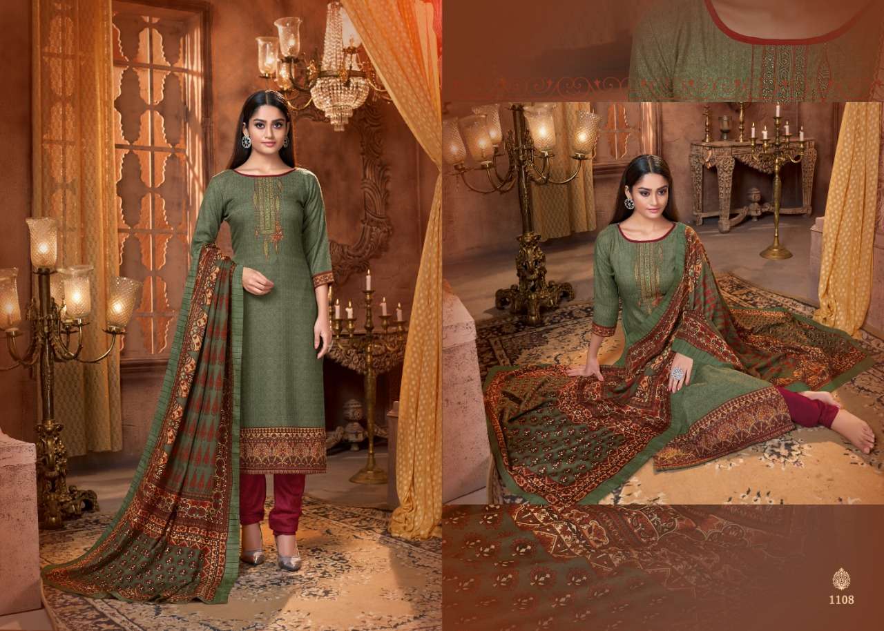 PASHMINA COLLECTION BY MRIGNI 1101 TO 1108 SERIES BEAUTIFUL STYLISH FANCY COLORFUL CASUAL & PARTY WEAR & ETHNIC WEAR PURE PASHMINA DOBBY PRINTED KASHMIRI EMBROIDERI DRESSES AT WHOLESALE PRICE