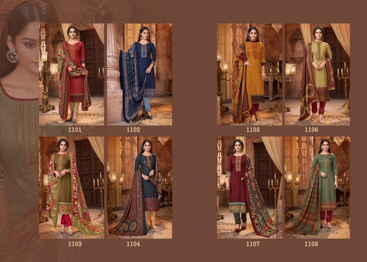 PASHMINA COLLECTION BY MRIGNI 1101 TO 1108 SERIES BEAUTIFUL STYLISH FANCY COLORFUL CASUAL & PARTY WEAR & ETHNIC WEAR PURE PASHMINA DOBBY PRINTED KASHMIRI EMBROIDERI DRESSES AT WHOLESALE PRICE