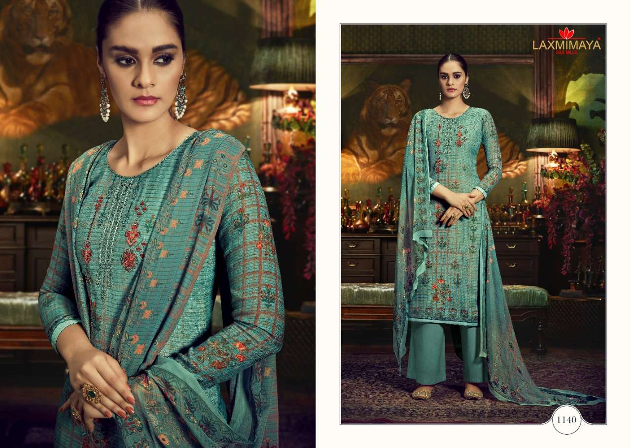 GAZAL BY LAXMIMAYA SILK MILLS 1140 TO 1149 SERIES STYLISH BEAUTIFUL COLOURFUL PRINTED & EMBROIDERED PARTY WEAR & OCCASIONAL WEAR TWILL PASHMINA PRINT WITH EMBROIDERY DRESSES AT WHOLESALE PRICE