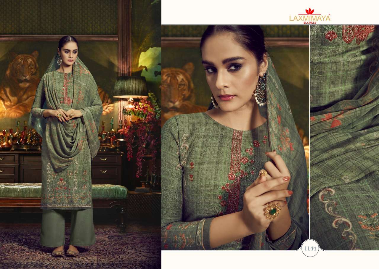 GAZAL BY LAXMIMAYA SILK MILLS 1140 TO 1149 SERIES STYLISH BEAUTIFUL COLOURFUL PRINTED & EMBROIDERED PARTY WEAR & OCCASIONAL WEAR TWILL PASHMINA PRINT WITH EMBROIDERY DRESSES AT WHOLESALE PRICE