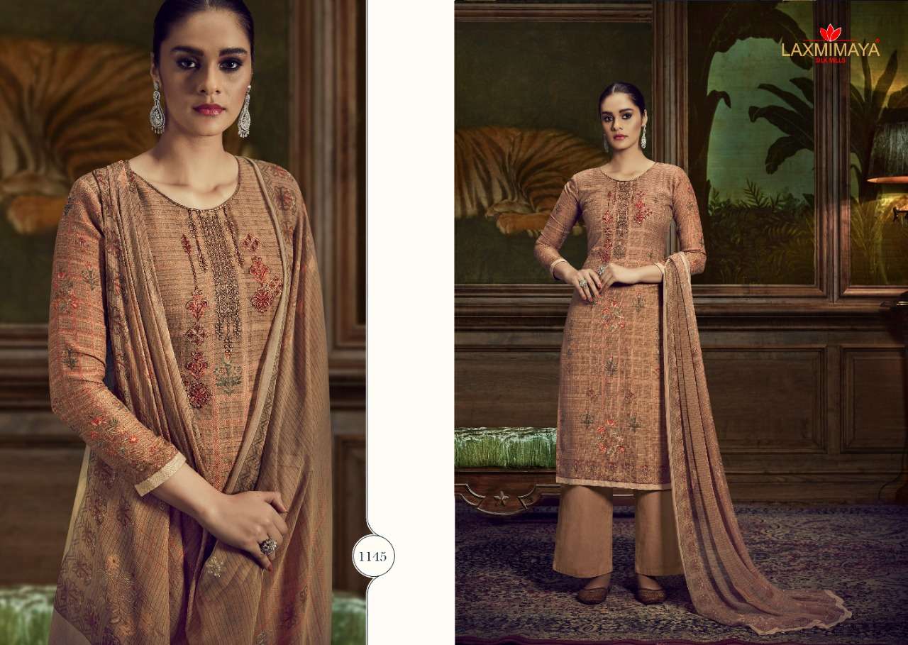 GAZAL BY LAXMIMAYA SILK MILLS 1140 TO 1149 SERIES STYLISH BEAUTIFUL COLOURFUL PRINTED & EMBROIDERED PARTY WEAR & OCCASIONAL WEAR TWILL PASHMINA PRINT WITH EMBROIDERY DRESSES AT WHOLESALE PRICE