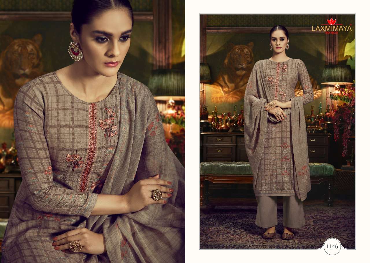 GAZAL BY LAXMIMAYA SILK MILLS 1140 TO 1149 SERIES STYLISH BEAUTIFUL COLOURFUL PRINTED & EMBROIDERED PARTY WEAR & OCCASIONAL WEAR TWILL PASHMINA PRINT WITH EMBROIDERY DRESSES AT WHOLESALE PRICE