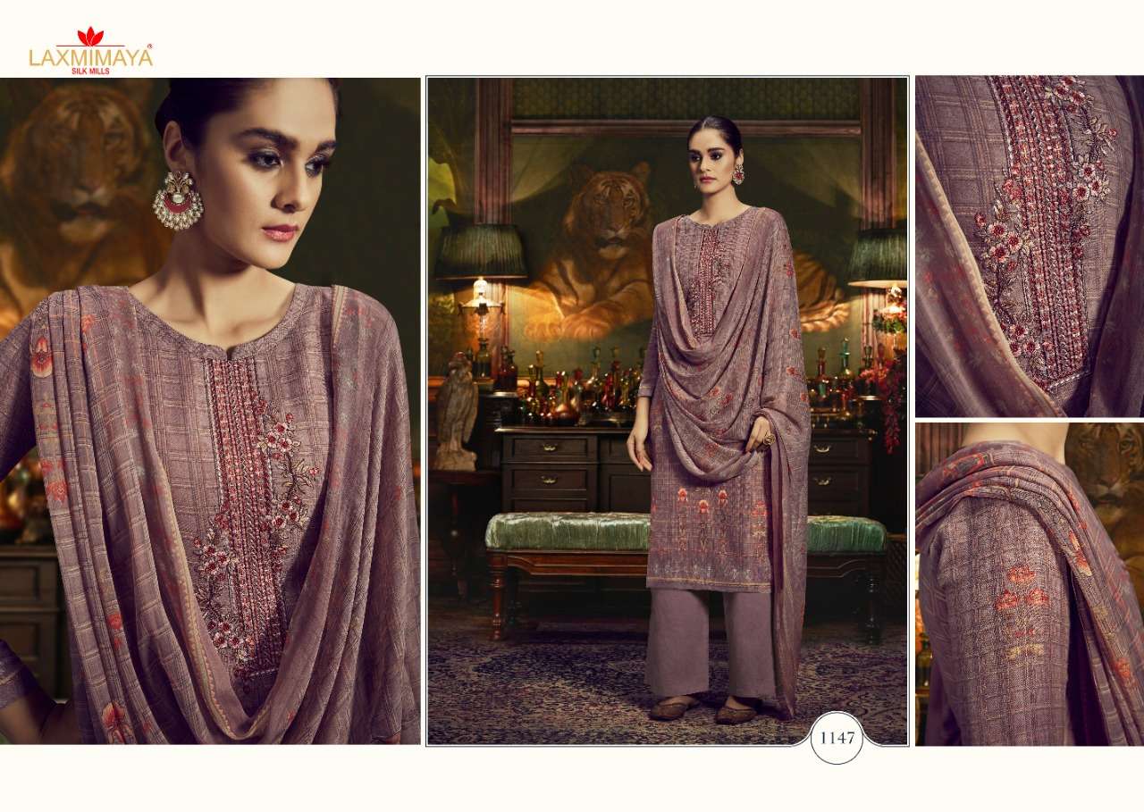 GAZAL BY LAXMIMAYA SILK MILLS 1140 TO 1149 SERIES STYLISH BEAUTIFUL COLOURFUL PRINTED & EMBROIDERED PARTY WEAR & OCCASIONAL WEAR TWILL PASHMINA PRINT WITH EMBROIDERY DRESSES AT WHOLESALE PRICE