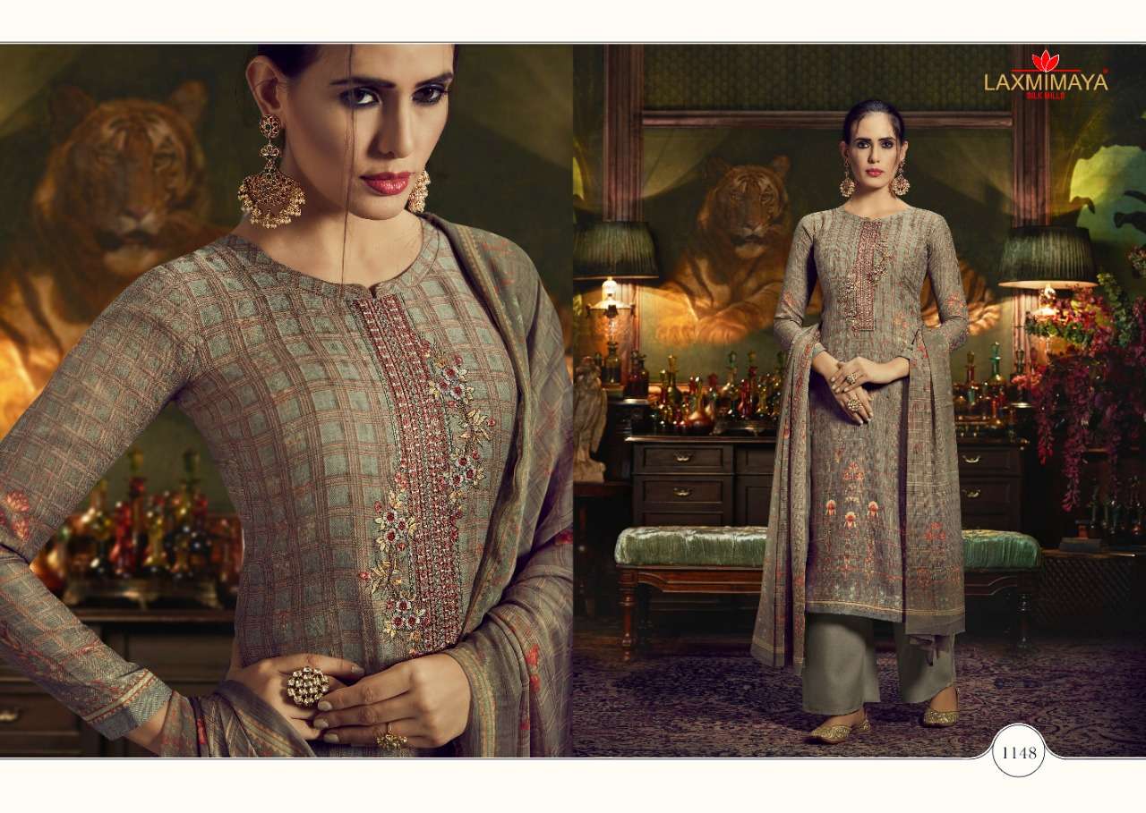 GAZAL BY LAXMIMAYA SILK MILLS 1140 TO 1149 SERIES STYLISH BEAUTIFUL COLOURFUL PRINTED & EMBROIDERED PARTY WEAR & OCCASIONAL WEAR TWILL PASHMINA PRINT WITH EMBROIDERY DRESSES AT WHOLESALE PRICE