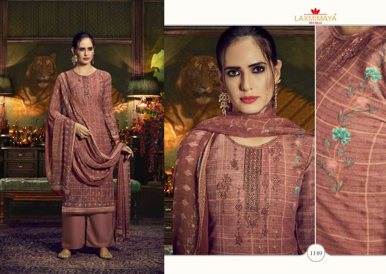 GAZAL BY LAXMIMAYA SILK MILLS 1140 TO 1149 SERIES STYLISH BEAUTIFUL COLOURFUL PRINTED & EMBROIDERED PARTY WEAR & OCCASIONAL WEAR TWILL PASHMINA PRINT WITH EMBROIDERY DRESSES AT WHOLESALE PRICE