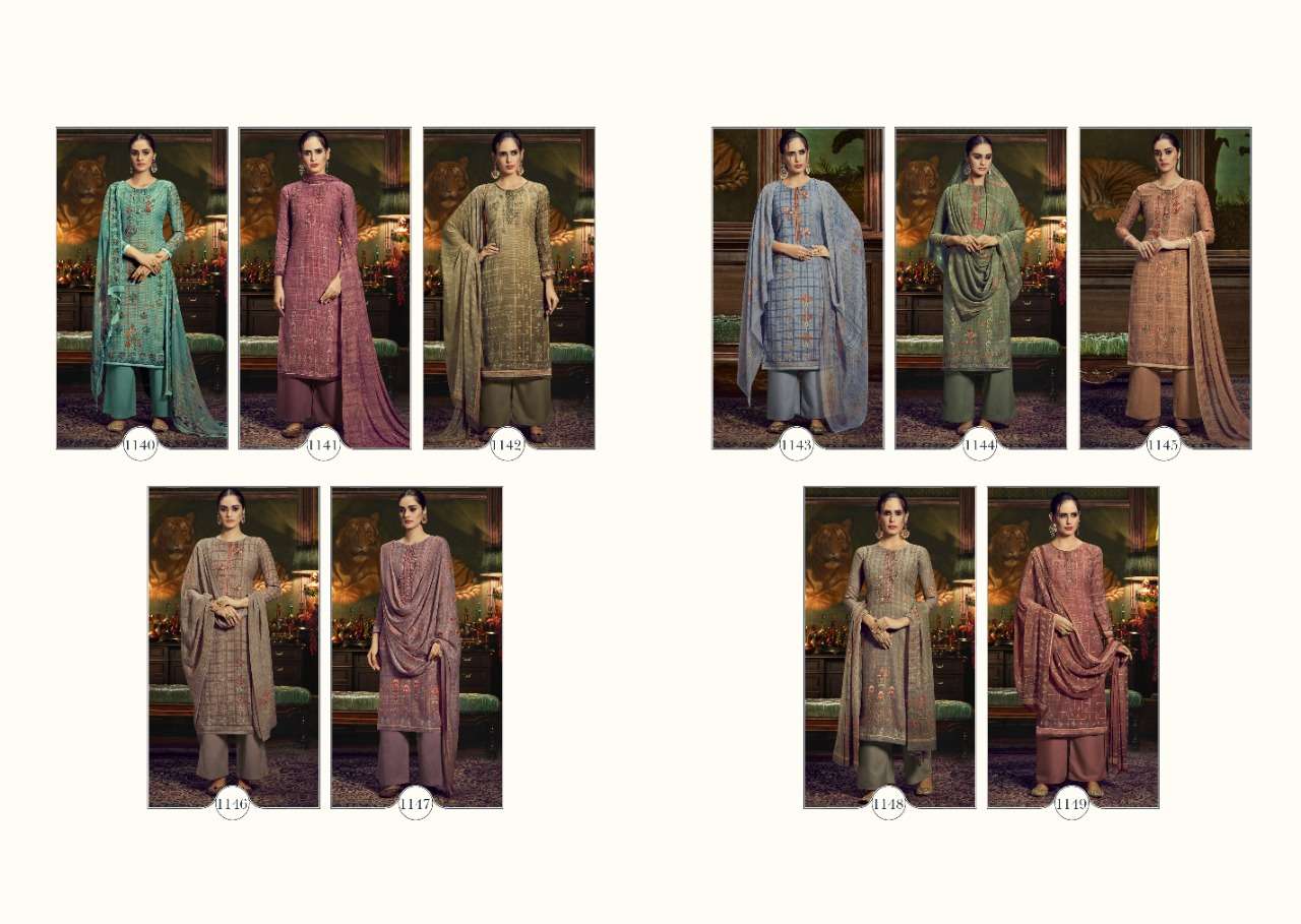 GAZAL BY LAXMIMAYA SILK MILLS 1140 TO 1149 SERIES STYLISH BEAUTIFUL COLOURFUL PRINTED & EMBROIDERED PARTY WEAR & OCCASIONAL WEAR TWILL PASHMINA PRINT WITH EMBROIDERY DRESSES AT WHOLESALE PRICE