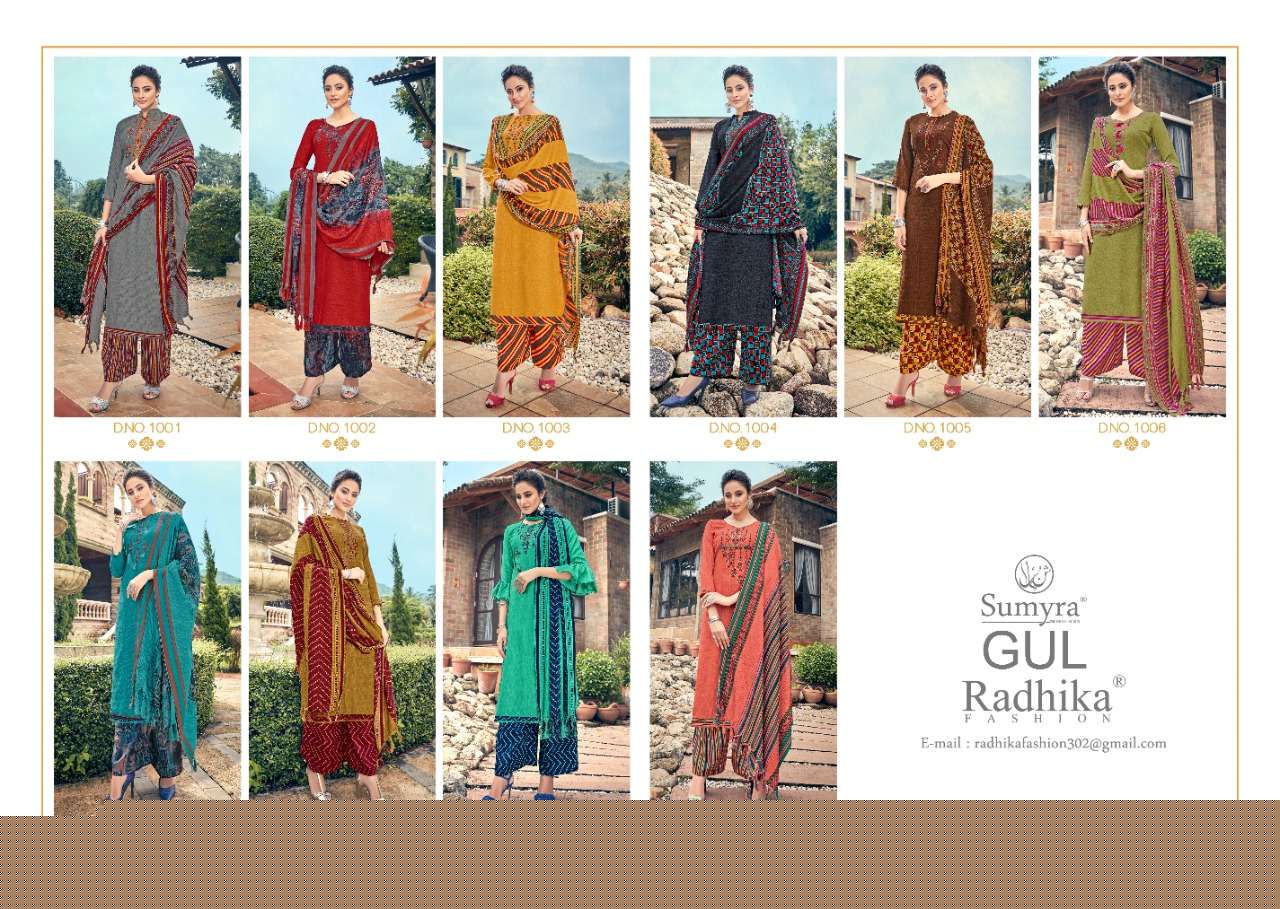 GUL BY SUMYRA FASHION 1001 TO 1010 SERIES SUITS STYLISH BEAUTIFUL COLOURFUL PRINTED & EMBROIDERED PARTY WEAR & OCCASIONAL WEAR PURE PASHMINA PRINT WITH EMBROIDERY DRESSES AT WHOLESALE PRICE