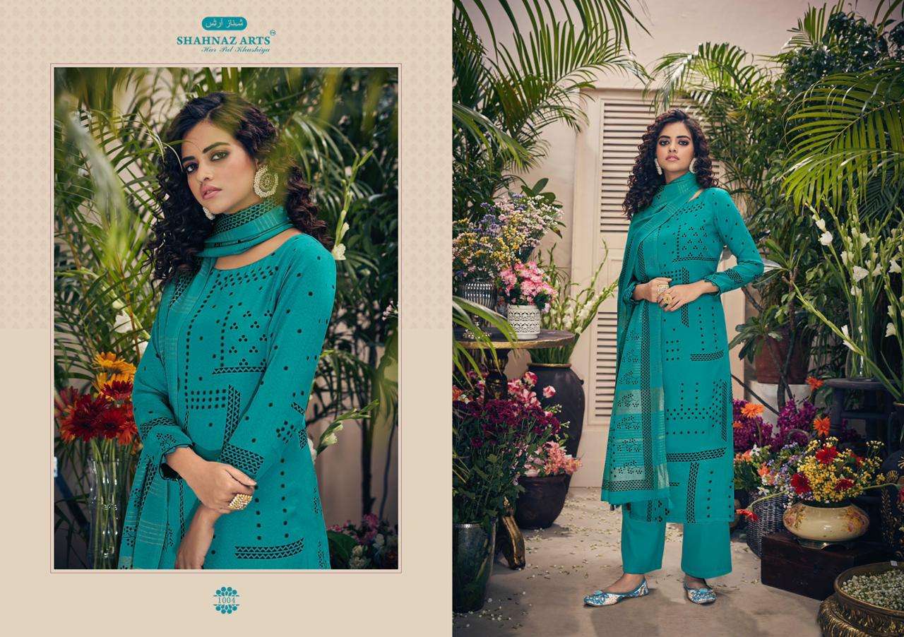 GUJARISH BY SHAHNAZ ARTS 1001 TO 1008 SERIES SUITS STYLISH BEAUTIFUL COLOURFUL PRINTED & EMBROIDERED PARTY WEAR & OCCASIONAL WEAR HEAVY PASHMINA PRINTED DRESSES AT WHOLESALE PRICE