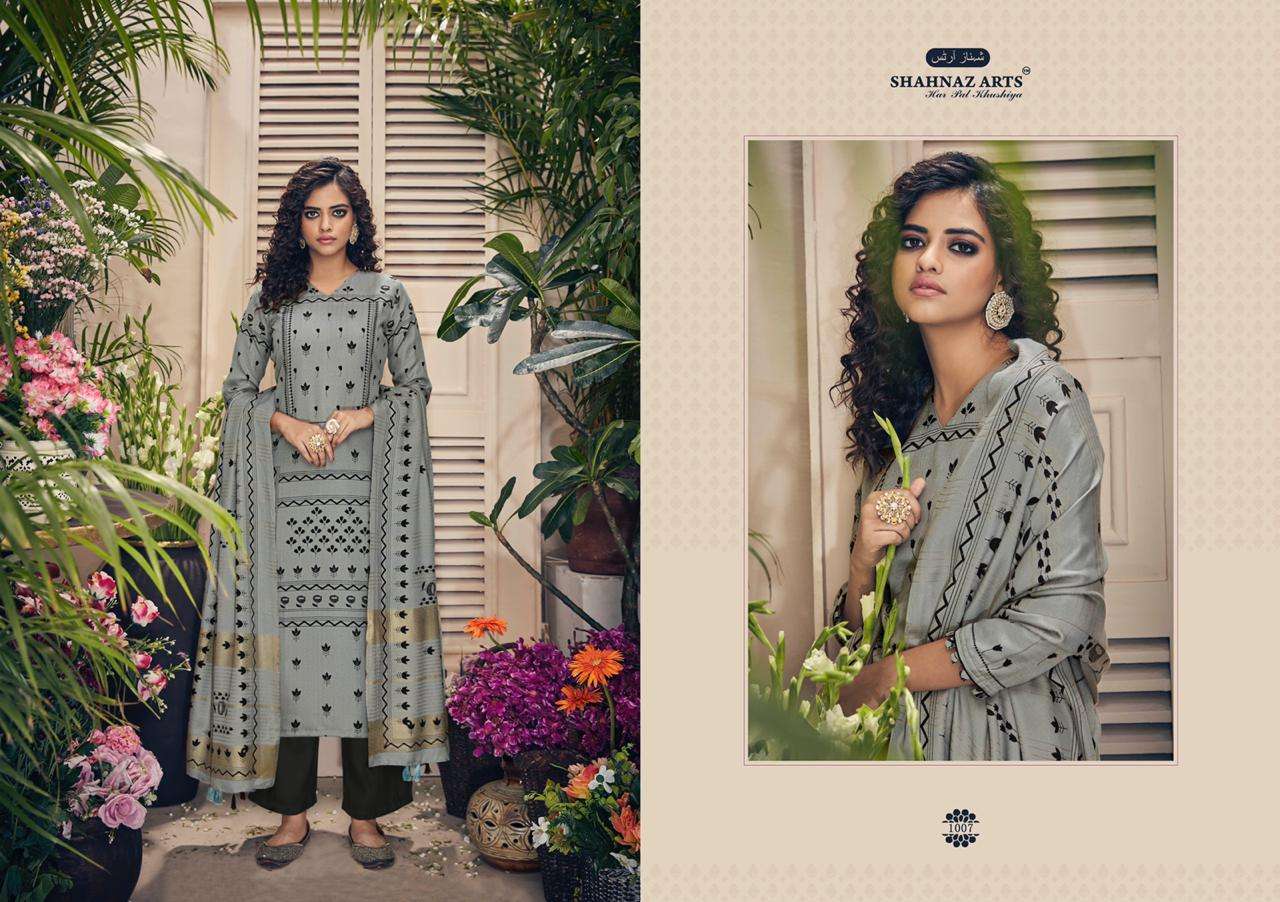 GUJARISH BY SHAHNAZ ARTS 1001 TO 1008 SERIES SUITS STYLISH BEAUTIFUL COLOURFUL PRINTED & EMBROIDERED PARTY WEAR & OCCASIONAL WEAR HEAVY PASHMINA PRINTED DRESSES AT WHOLESALE PRICE