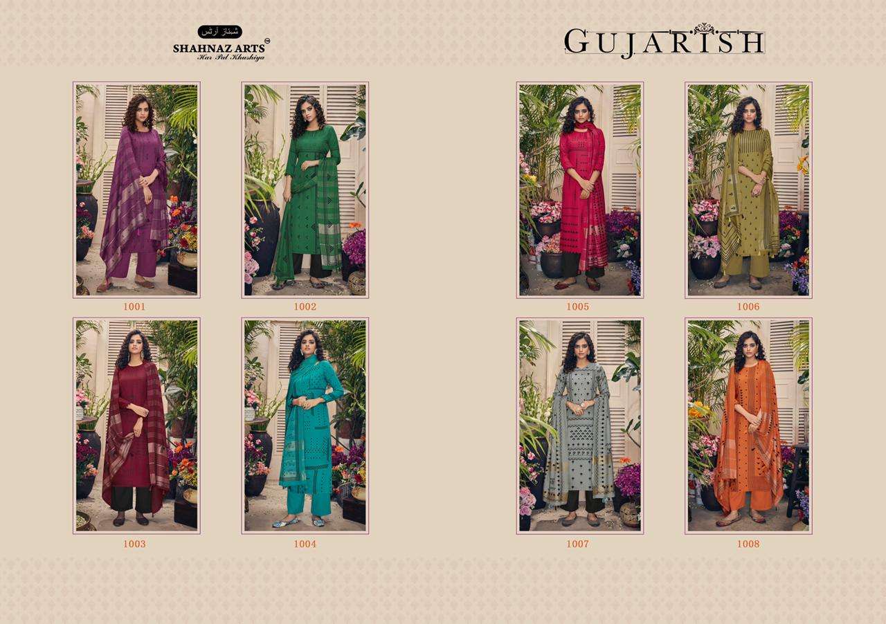 GUJARISH BY SHAHNAZ ARTS 1001 TO 1008 SERIES SUITS STYLISH BEAUTIFUL COLOURFUL PRINTED & EMBROIDERED PARTY WEAR & OCCASIONAL WEAR HEAVY PASHMINA PRINTED DRESSES AT WHOLESALE PRICE