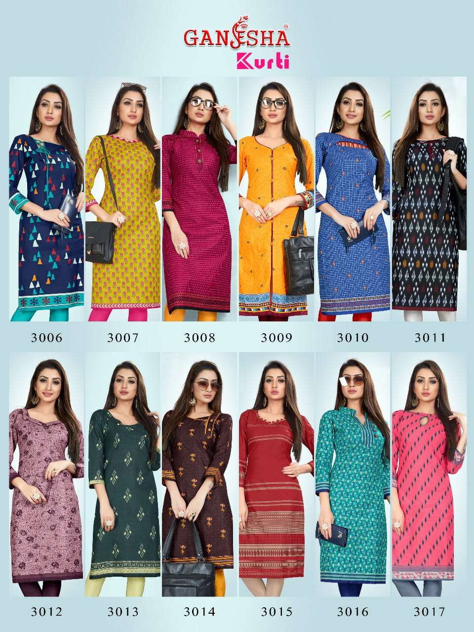 GANESHA KURTI VOL-3 BY GANESHA 3006 TO 3017 SERIES BEAUTIFUL STYLISH COLORFUL FANCY PARTY WEAR & ETHNIC WEAR & READY TO WEAR FANCY PRINTED KURTIS AT WHOLESALE PRICE