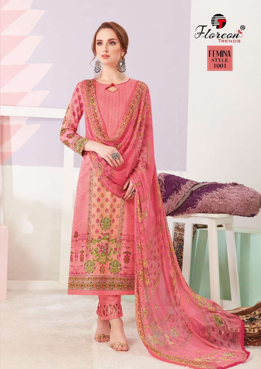 FEMINA BY FLOREON 1001 TO 1010 SERIES SUITS STYLISH BEAUTIFUL COLOURFUL PRINTED & EMBROIDERED PARTY WEAR & OCCASIONAL WEAR PURE JAM SATIN COTTON PRINTED DRESSES AT WHOLESALE PRICE