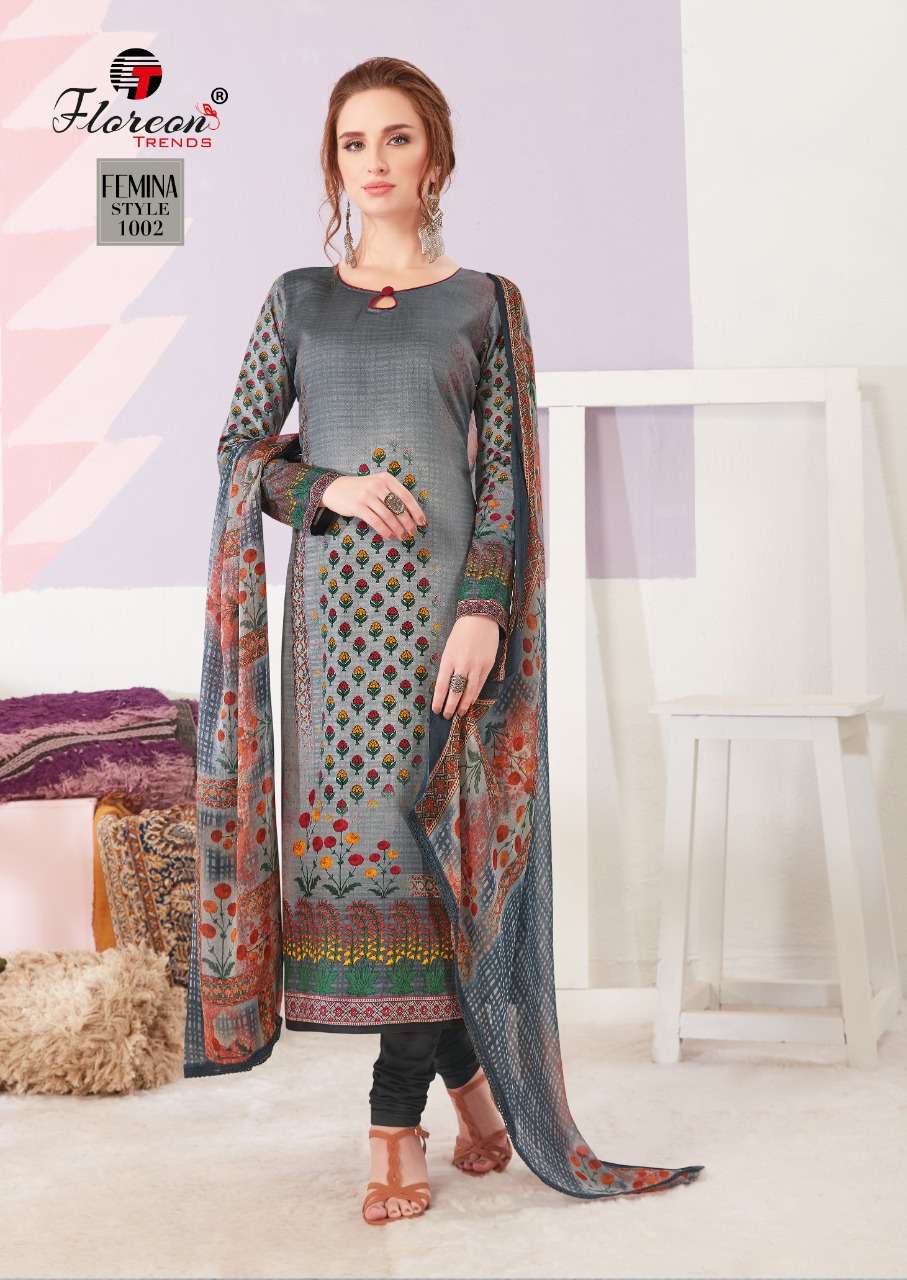 FEMINA BY FLOREON 1001 TO 1010 SERIES SUITS STYLISH BEAUTIFUL COLOURFUL PRINTED & EMBROIDERED PARTY WEAR & OCCASIONAL WEAR PURE JAM SATIN COTTON PRINTED DRESSES AT WHOLESALE PRICE