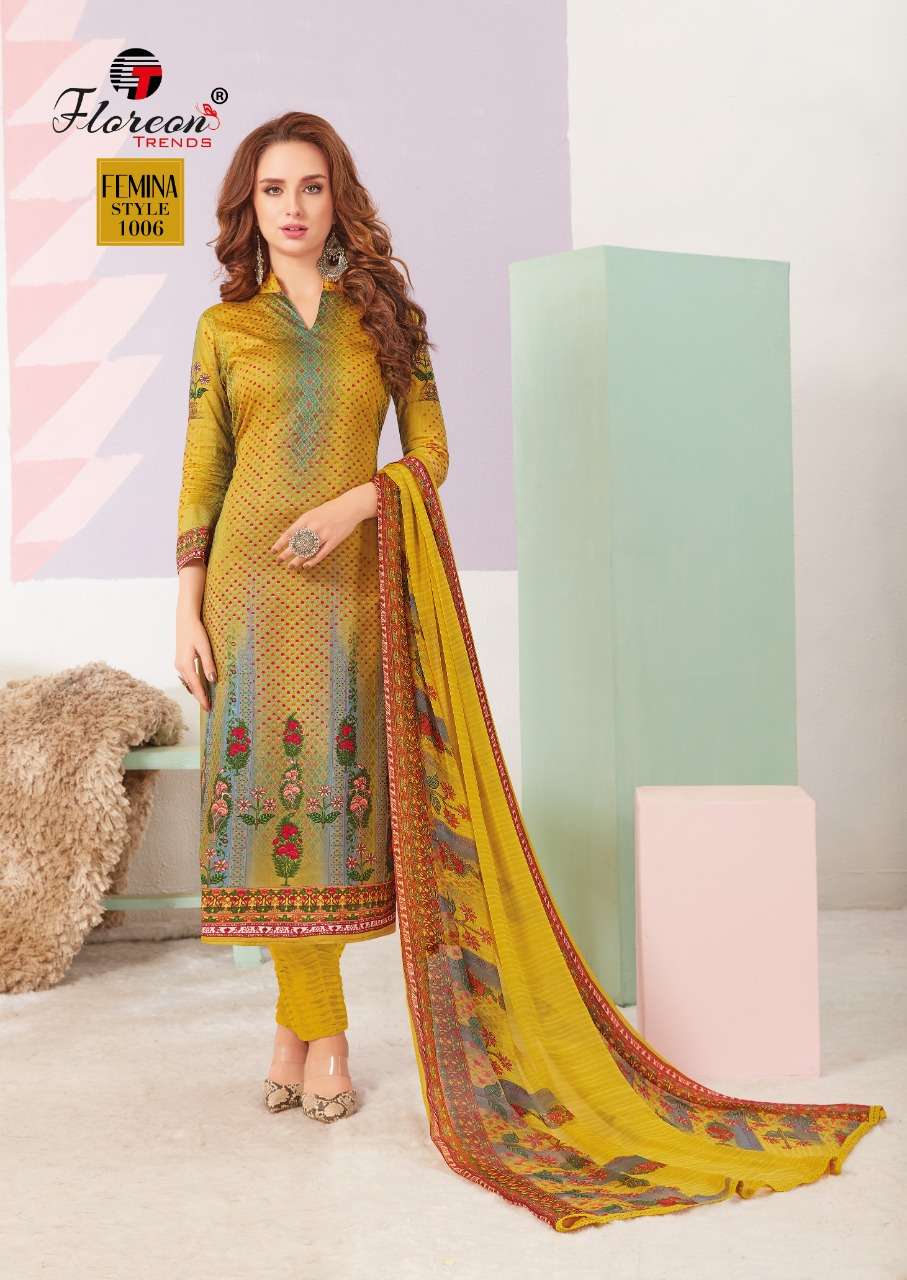 FEMINA BY FLOREON 1001 TO 1010 SERIES SUITS STYLISH BEAUTIFUL COLOURFUL PRINTED & EMBROIDERED PARTY WEAR & OCCASIONAL WEAR PURE JAM SATIN COTTON PRINTED DRESSES AT WHOLESALE PRICE