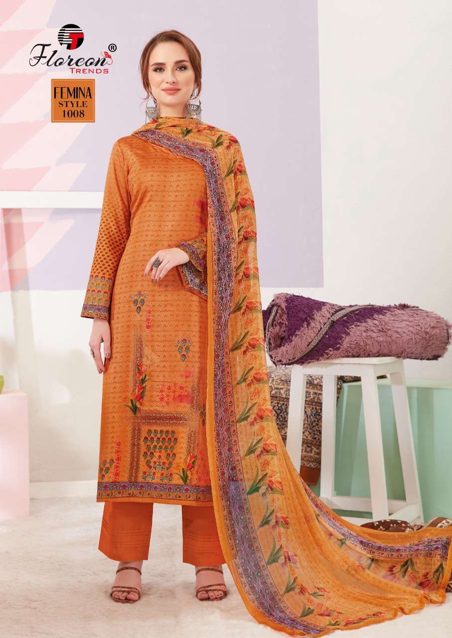 FEMINA BY FLOREON 1001 TO 1010 SERIES SUITS STYLISH BEAUTIFUL COLOURFUL PRINTED & EMBROIDERED PARTY WEAR & OCCASIONAL WEAR PURE JAM SATIN COTTON PRINTED DRESSES AT WHOLESALE PRICE