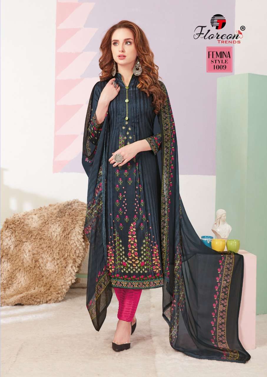 FEMINA BY FLOREON 1001 TO 1010 SERIES SUITS STYLISH BEAUTIFUL COLOURFUL PRINTED & EMBROIDERED PARTY WEAR & OCCASIONAL WEAR PURE JAM SATIN COTTON PRINTED DRESSES AT WHOLESALE PRICE