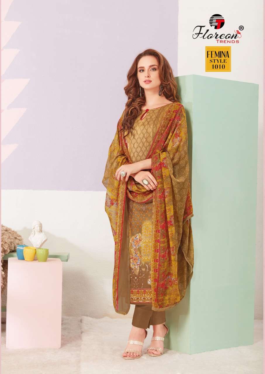 FEMINA BY FLOREON 1001 TO 1010 SERIES SUITS STYLISH BEAUTIFUL COLOURFUL PRINTED & EMBROIDERED PARTY WEAR & OCCASIONAL WEAR PURE JAM SATIN COTTON PRINTED DRESSES AT WHOLESALE PRICE
