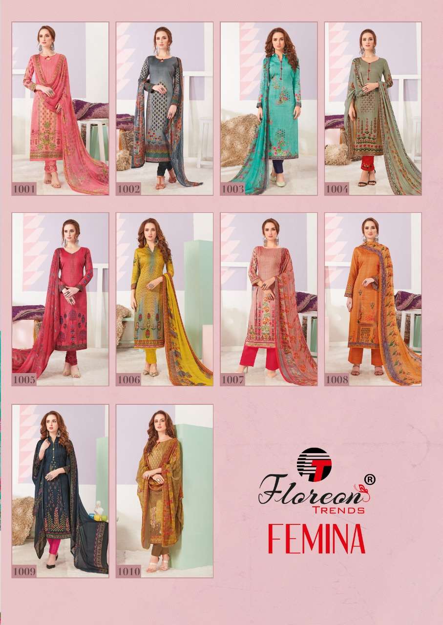 FEMINA BY FLOREON 1001 TO 1010 SERIES SUITS STYLISH BEAUTIFUL COLOURFUL PRINTED & EMBROIDERED PARTY WEAR & OCCASIONAL WEAR PURE JAM SATIN COTTON PRINTED DRESSES AT WHOLESALE PRICE