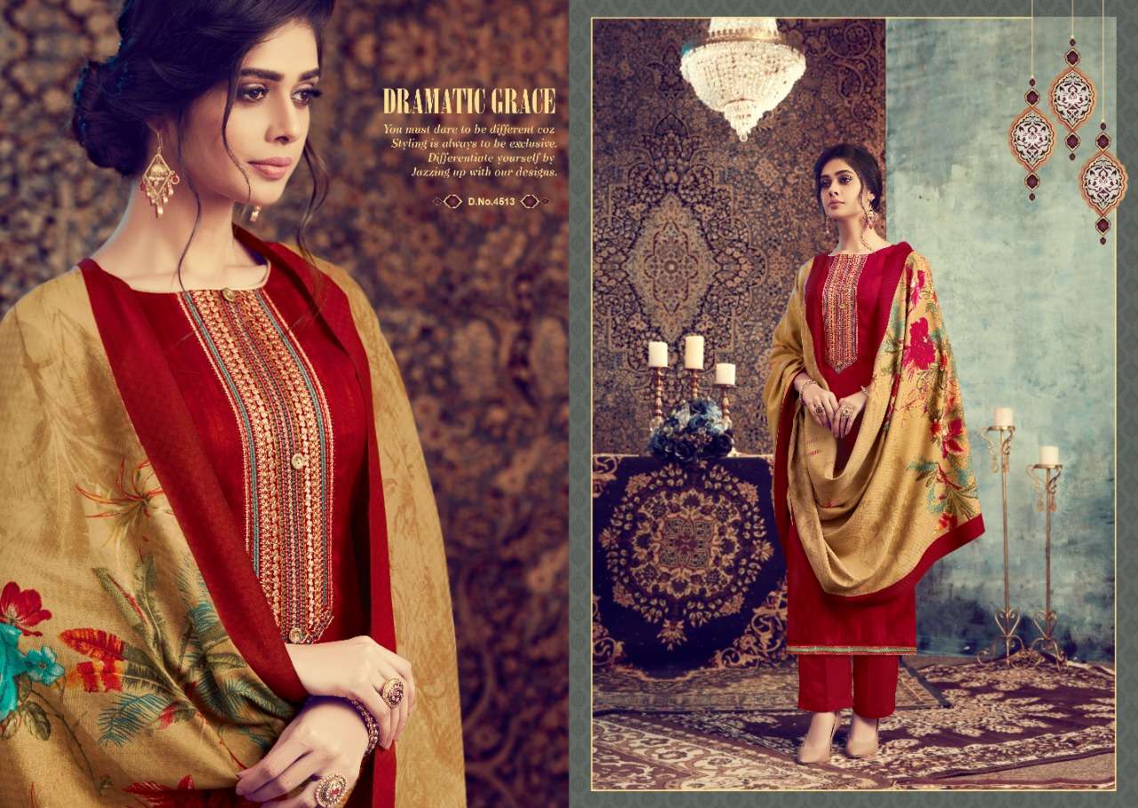 FLUENCE BY I.B NX 4513 TO 4520 SERIES SUITS STYLISH BEAUTIFUL COLOURFUL PRINTED & EMBROIDERED PARTY WEAR & OCCASIONAL WEAR PURE PASHMINA PRINTED WITH EMBROIDERY DRESSES AT WHOLESALE PRICE