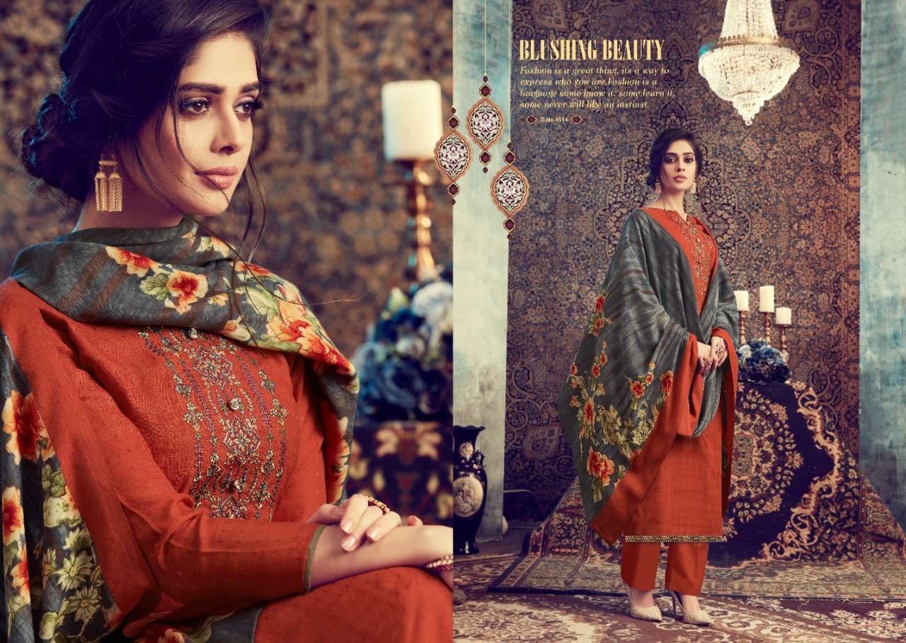 FLUENCE BY I.B NX 4513 TO 4520 SERIES SUITS STYLISH BEAUTIFUL COLOURFUL PRINTED & EMBROIDERED PARTY WEAR & OCCASIONAL WEAR PURE PASHMINA PRINTED WITH EMBROIDERY DRESSES AT WHOLESALE PRICE