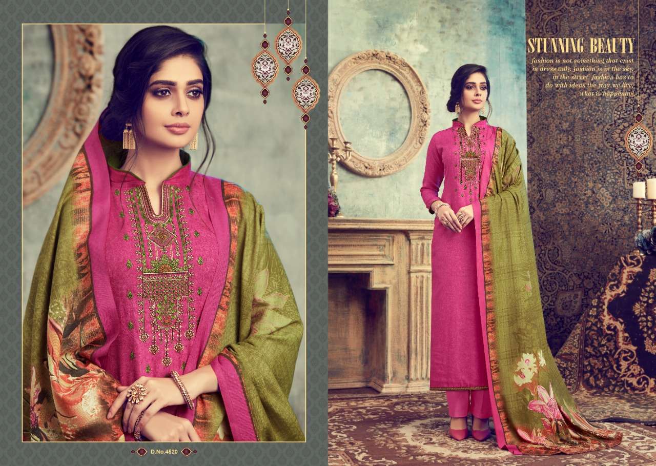 FLUENCE BY I.B NX 4513 TO 4520 SERIES SUITS STYLISH BEAUTIFUL COLOURFUL PRINTED & EMBROIDERED PARTY WEAR & OCCASIONAL WEAR PURE PASHMINA PRINTED WITH EMBROIDERY DRESSES AT WHOLESALE PRICE