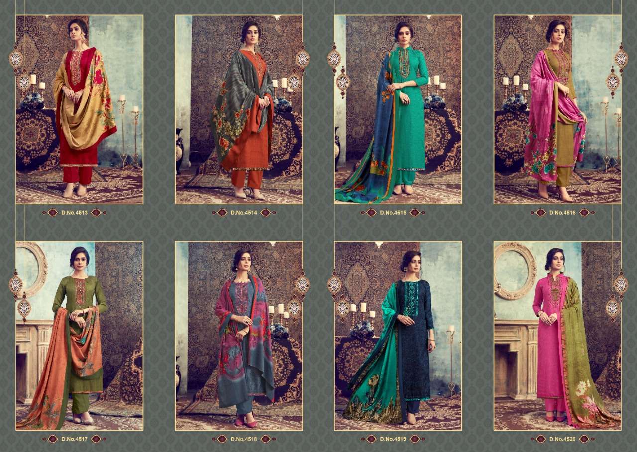 FLUENCE BY I.B NX 4513 TO 4520 SERIES SUITS STYLISH BEAUTIFUL COLOURFUL PRINTED & EMBROIDERED PARTY WEAR & OCCASIONAL WEAR PURE PASHMINA PRINTED WITH EMBROIDERY DRESSES AT WHOLESALE PRICE